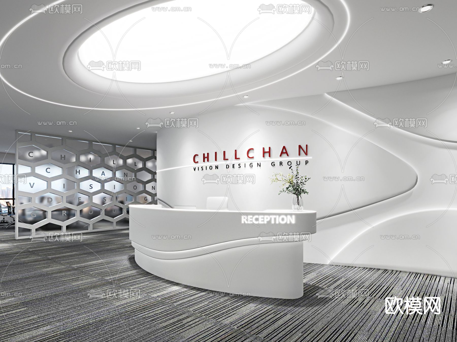 现代办公室前台接待台su模型下载（渲染图1）