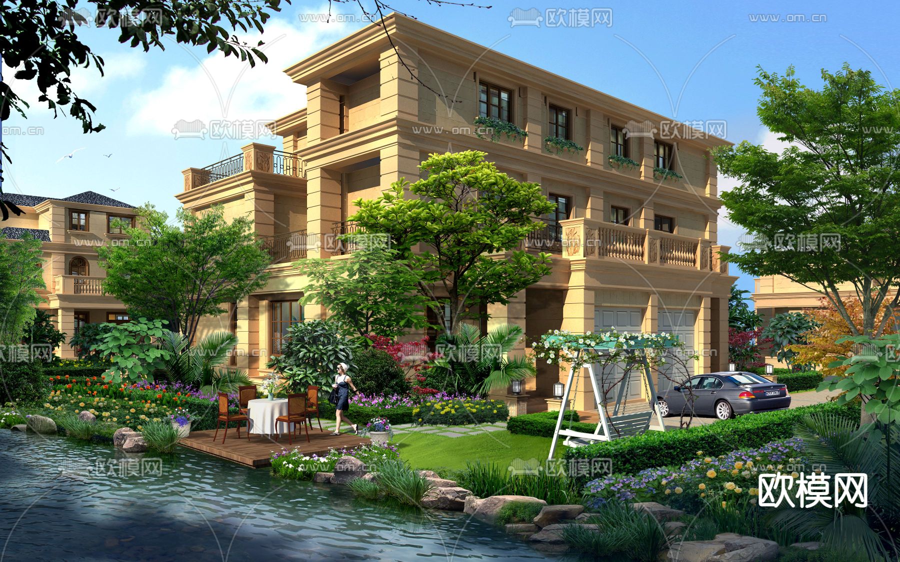 现代独栋别墅外观庭院阳台psd下载