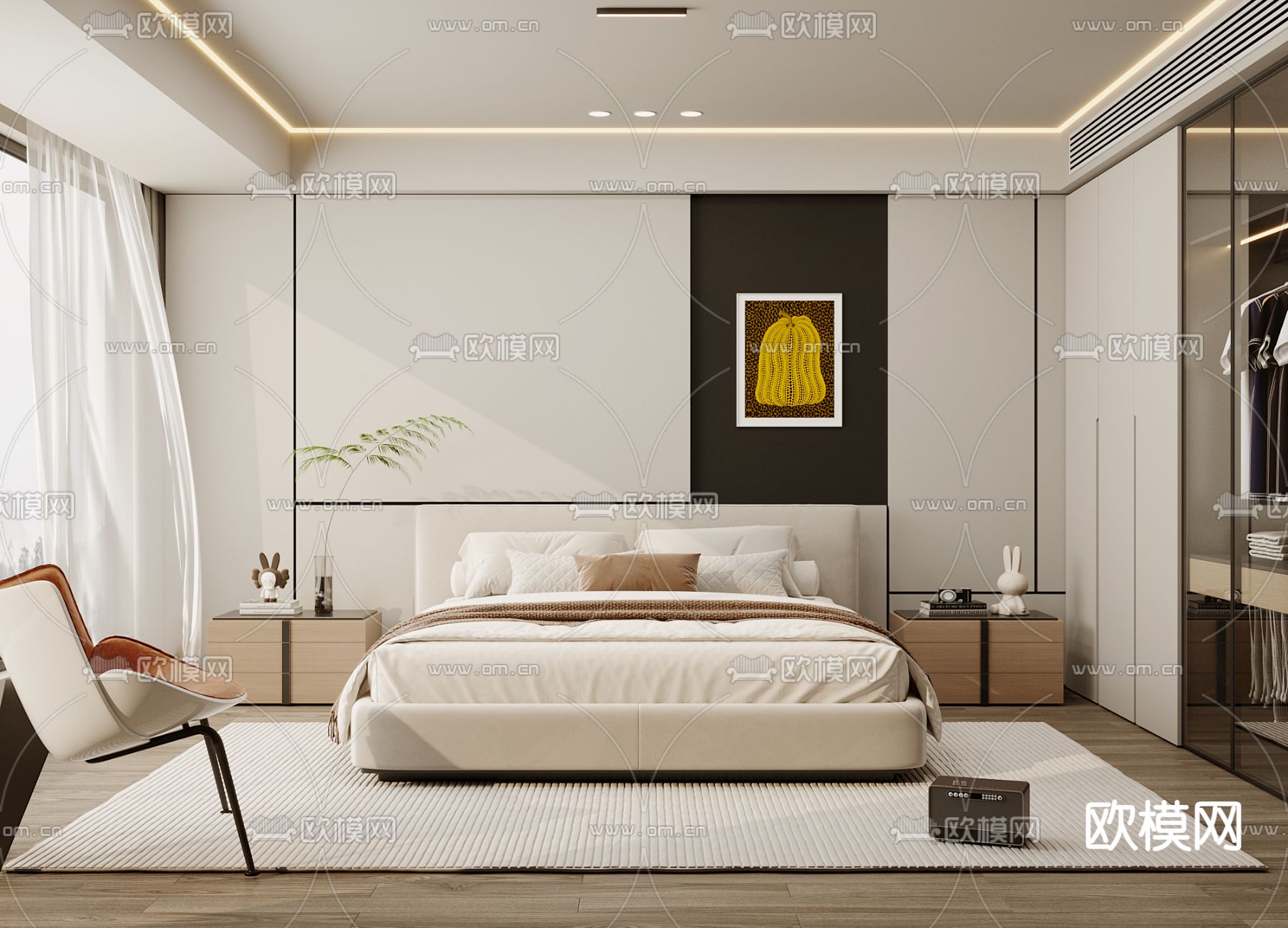 现代奶油风卧室3d模型下载（渲染图1）
