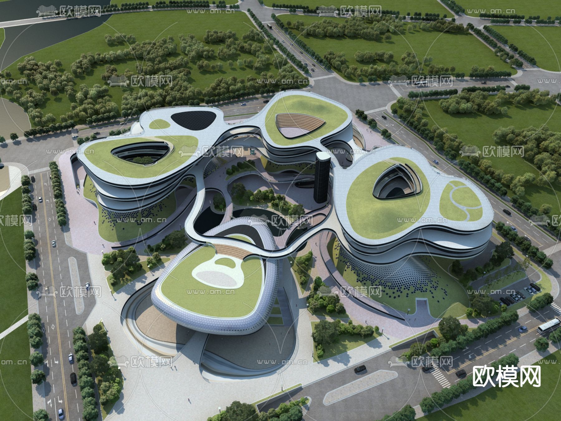 现代城市文化中心鸟瞰su模型下载（渲染图1）