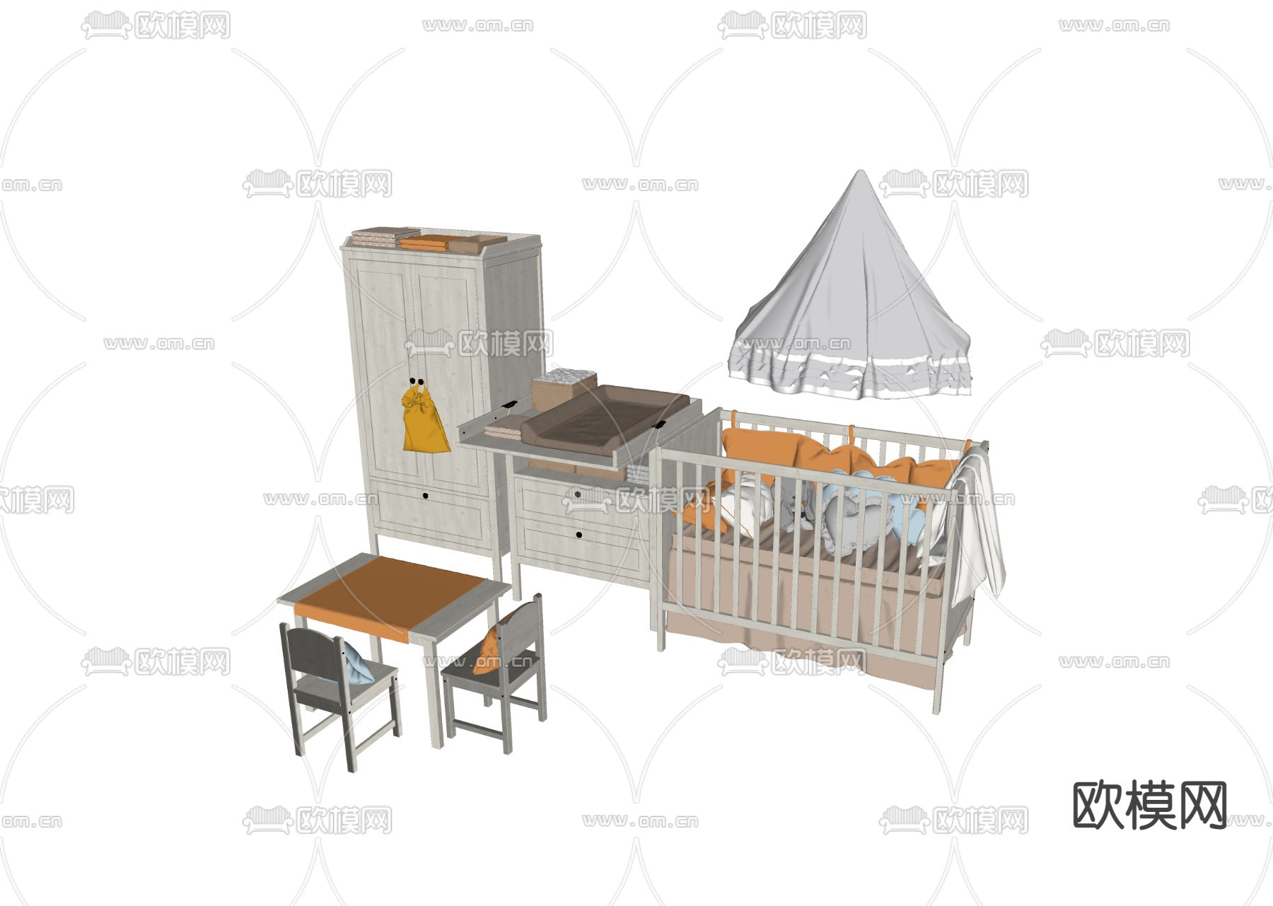 现代儿童桌椅婴儿床su模型下载（渲染图2）
