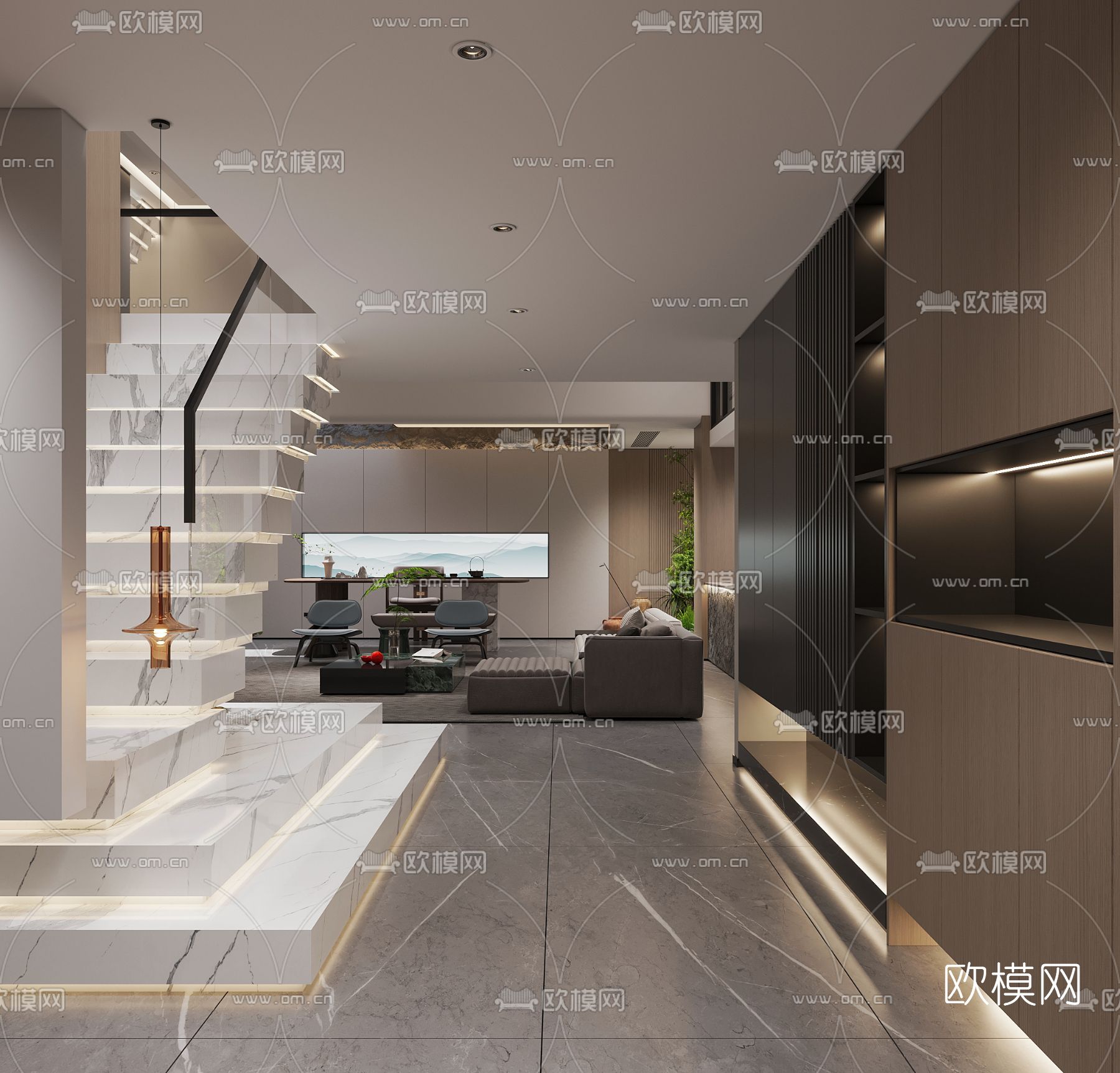 现代别墅客厅餐厅3d模型下载（渲染图3）