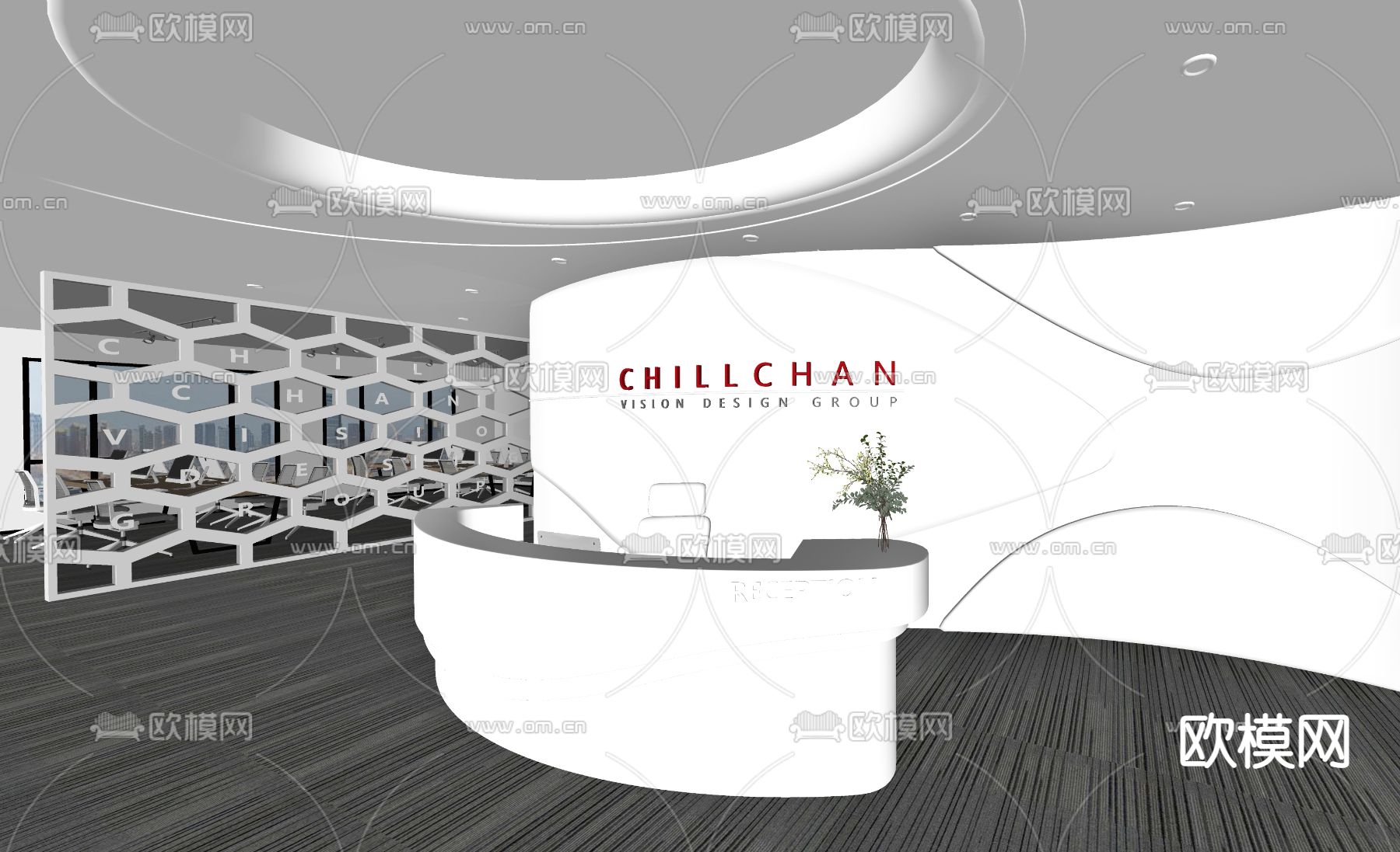 现代办公室前台接待台su模型下载（渲染图2）