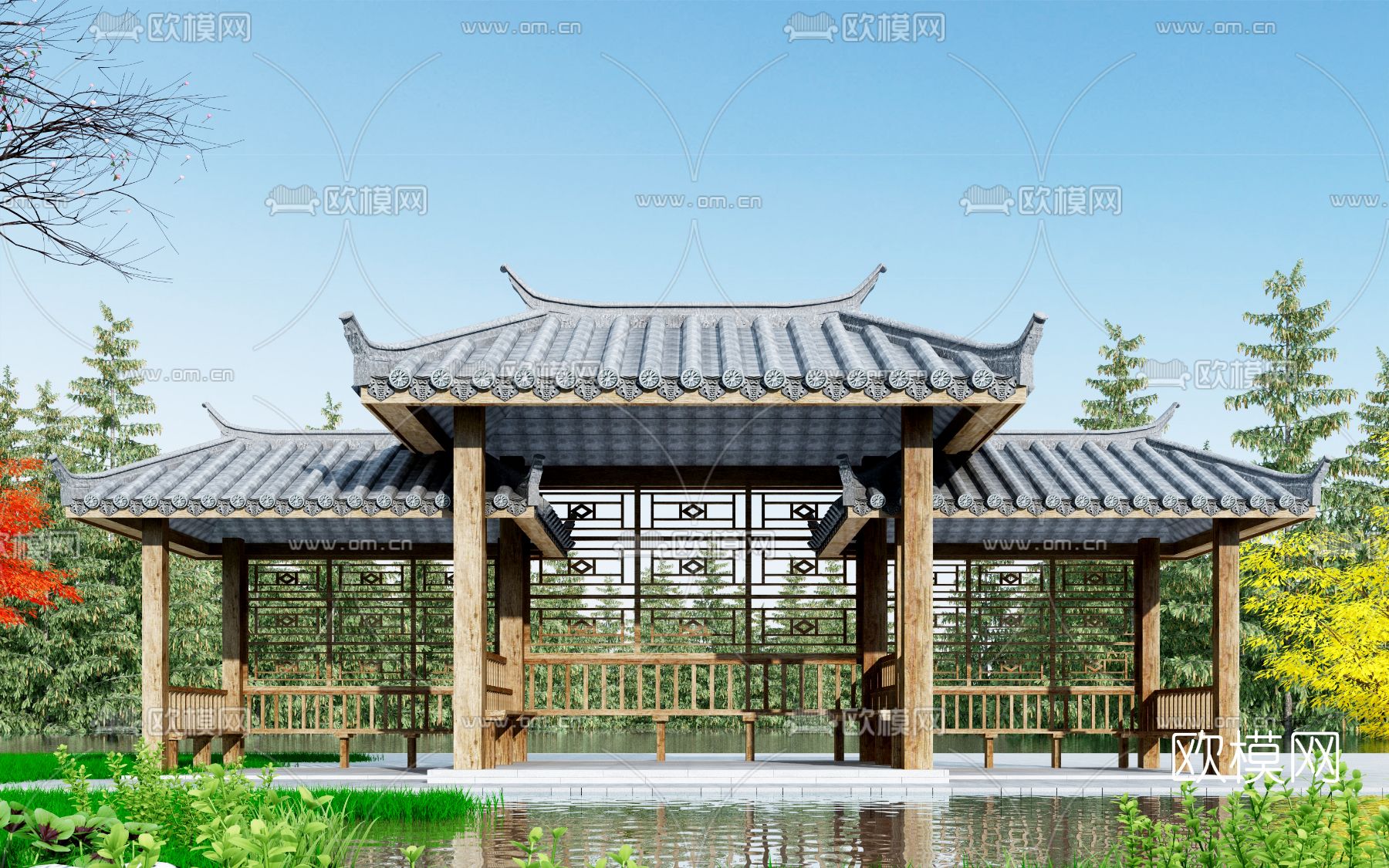 中式凉亭建筑构件3d模型下载