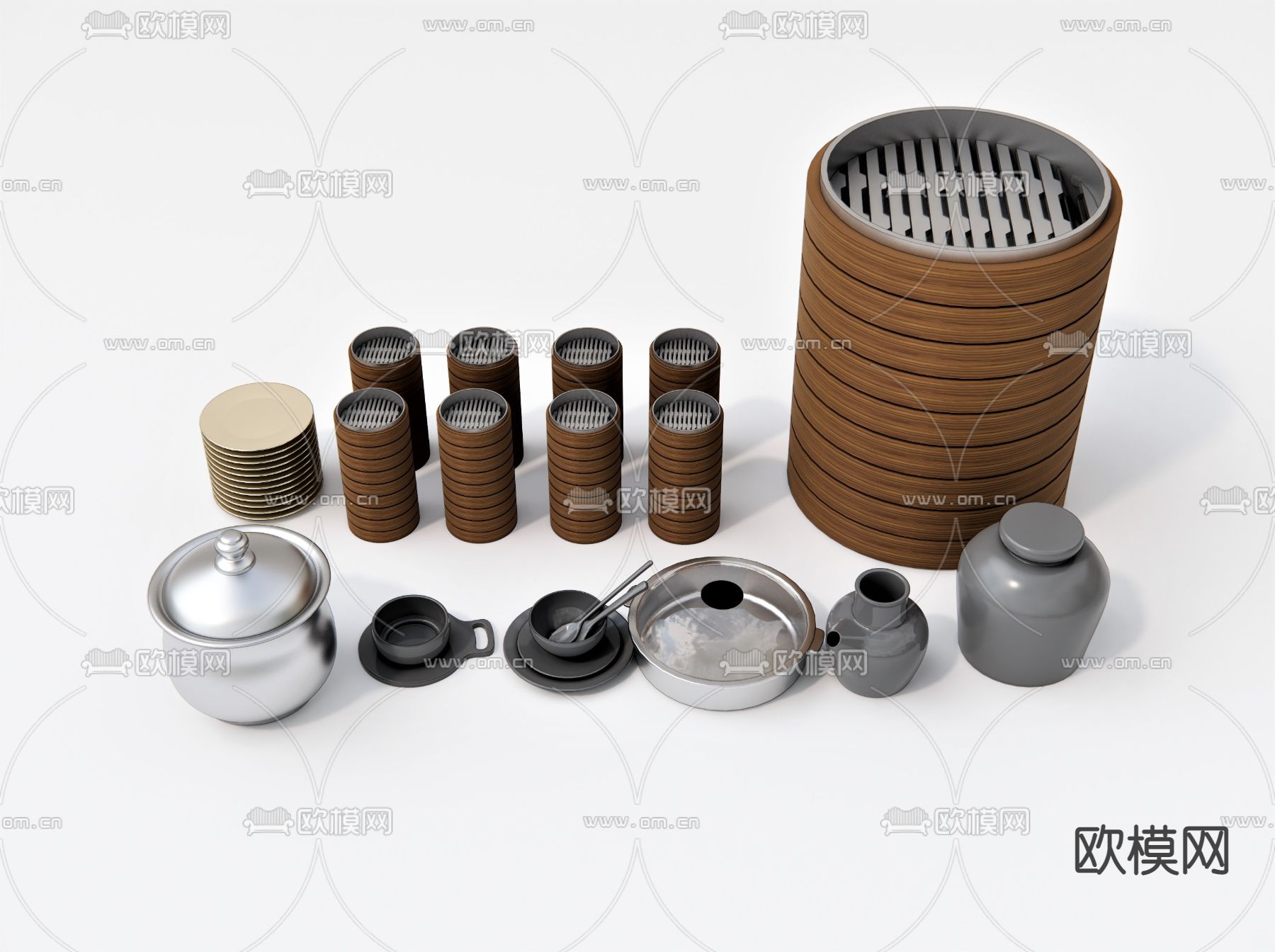 新中式蒸笼厨房器具su模型下载（渲染图1）