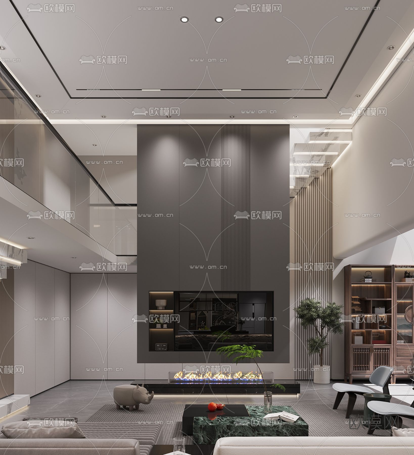 现代别墅客厅餐厅3d模型下载（渲染图2）