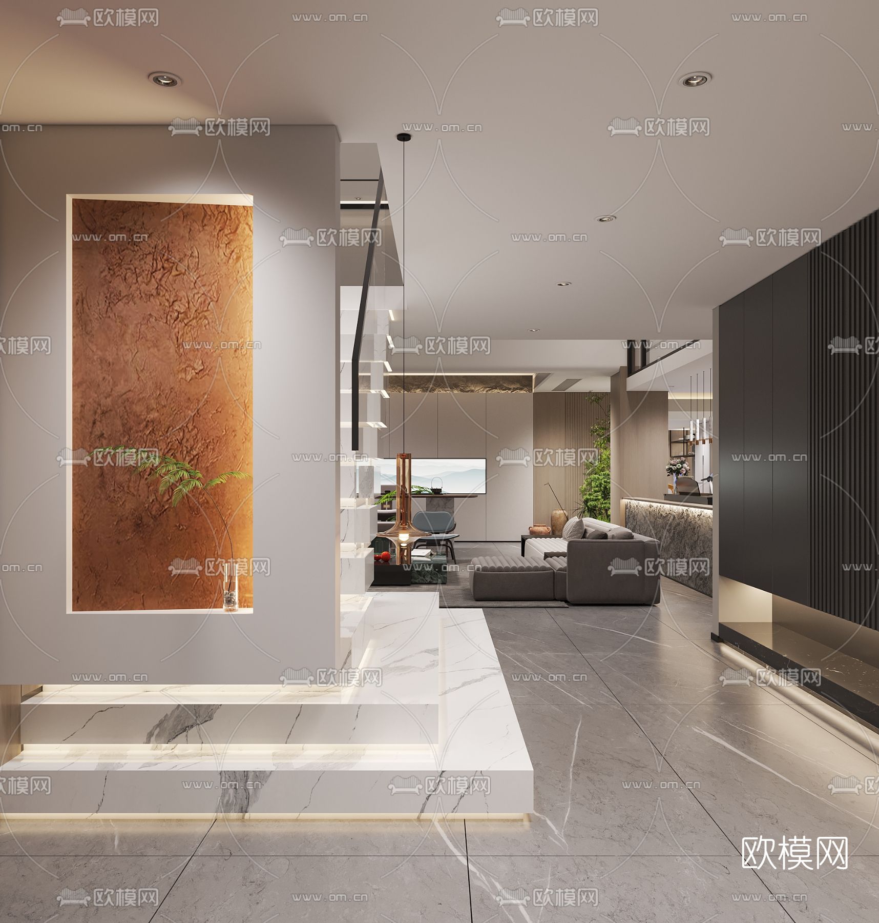 现代别墅客厅餐厅3d模型下载（渲染图5）