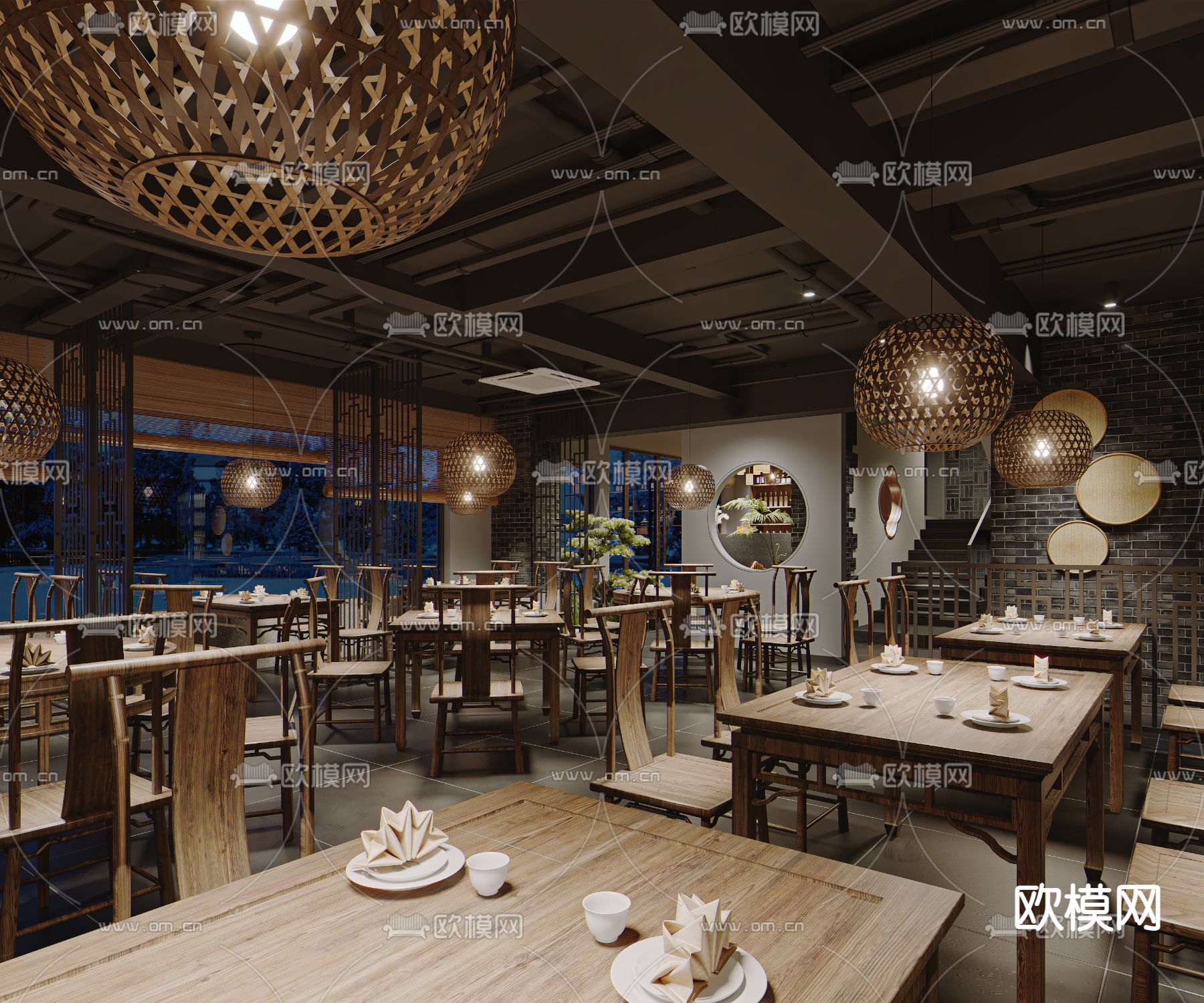 新中式中餐厅su模型下载（渲染图2）