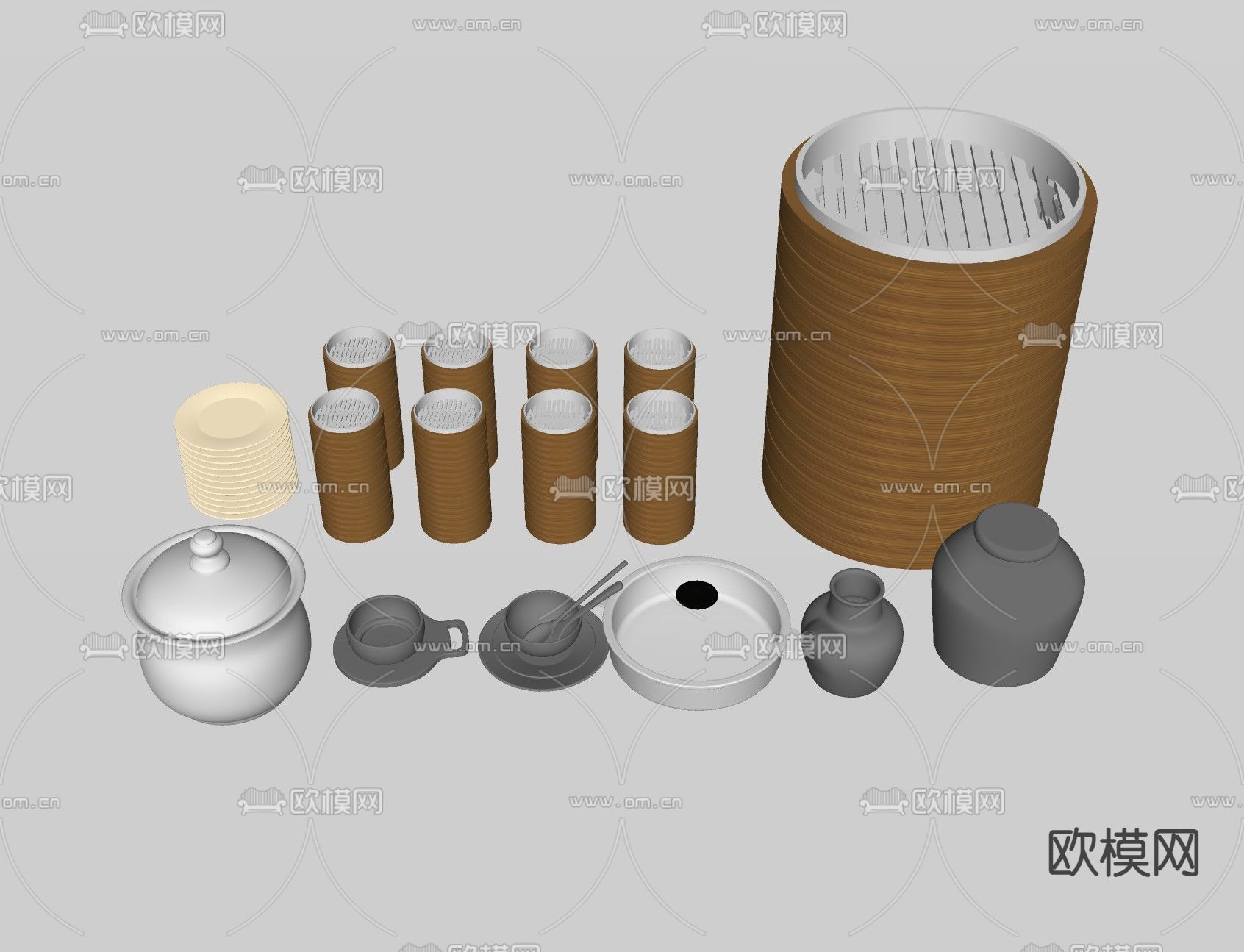 新中式蒸笼厨房器具su模型下载（渲染图2）
