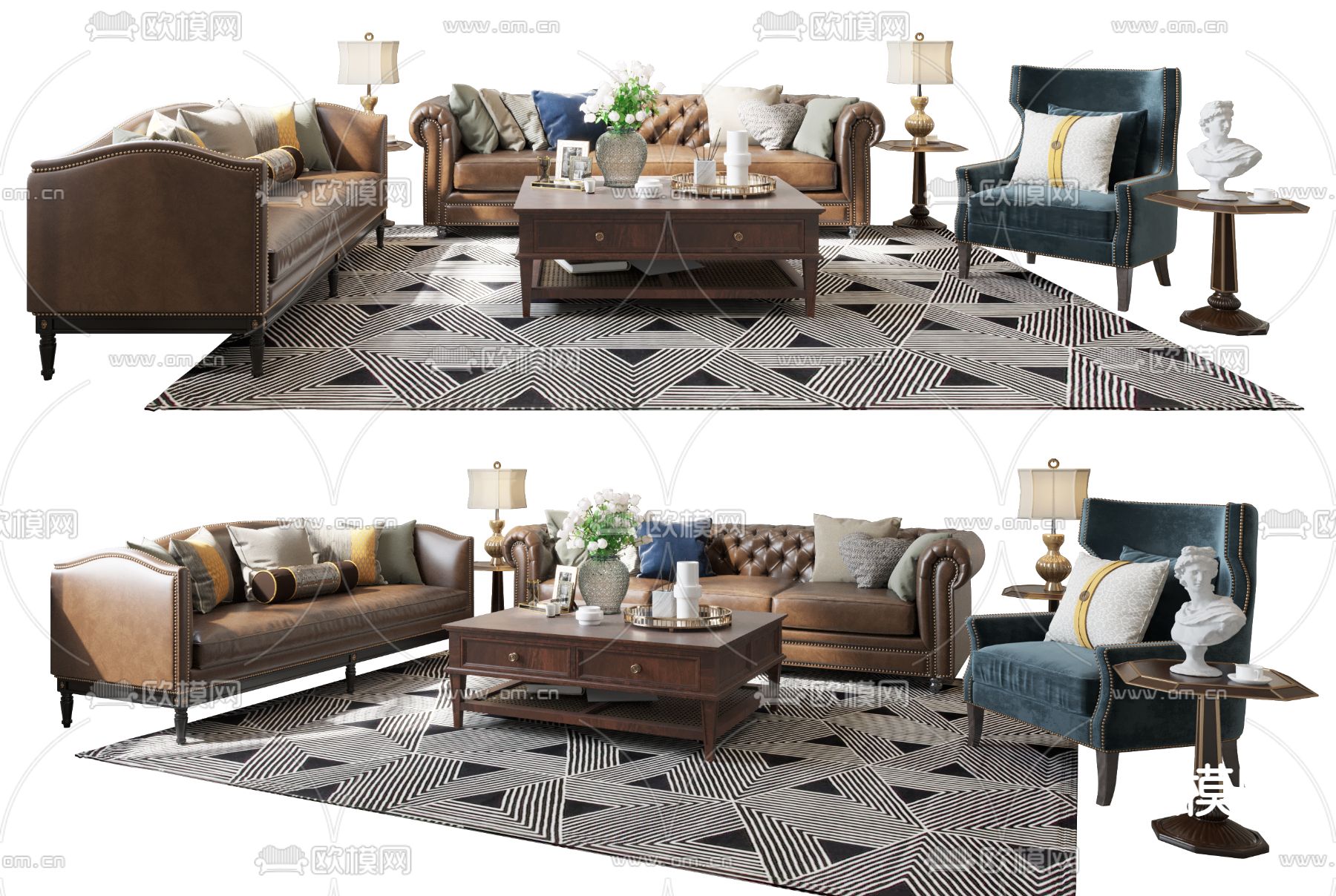 美式复古组合沙发su模型下载（渲染图1）