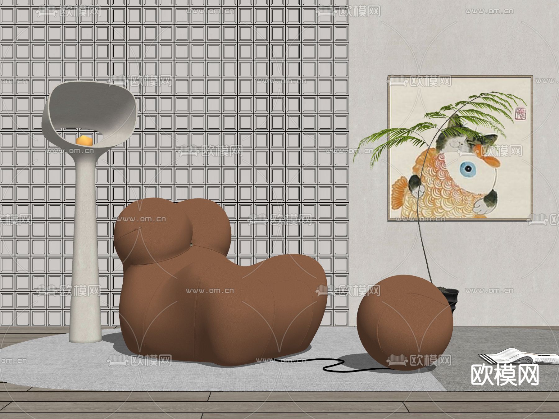 现代棕色休闲沙发su模型下载（渲染图2）