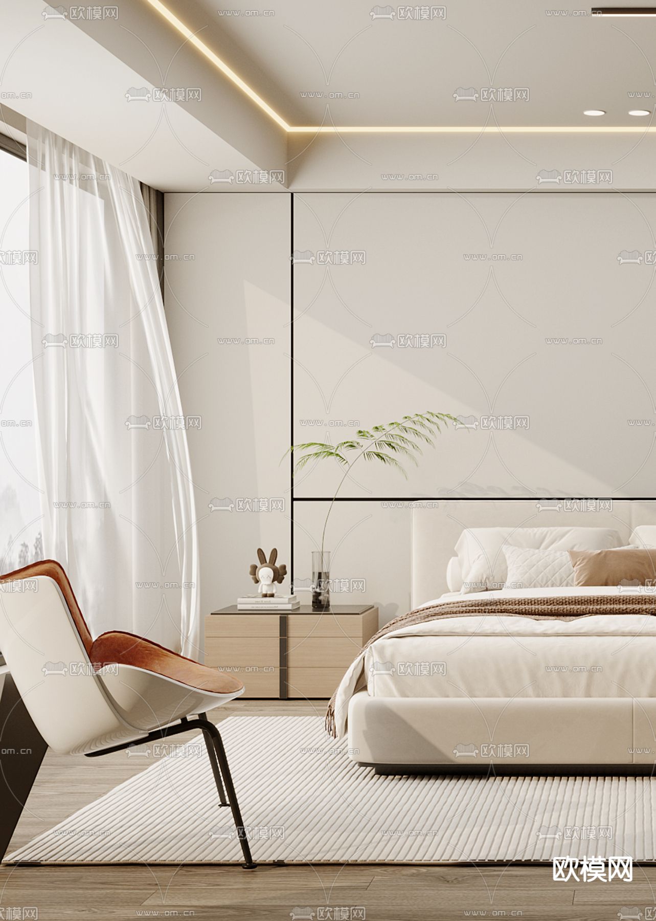 现代奶油风卧室3d模型下载（渲染图2）