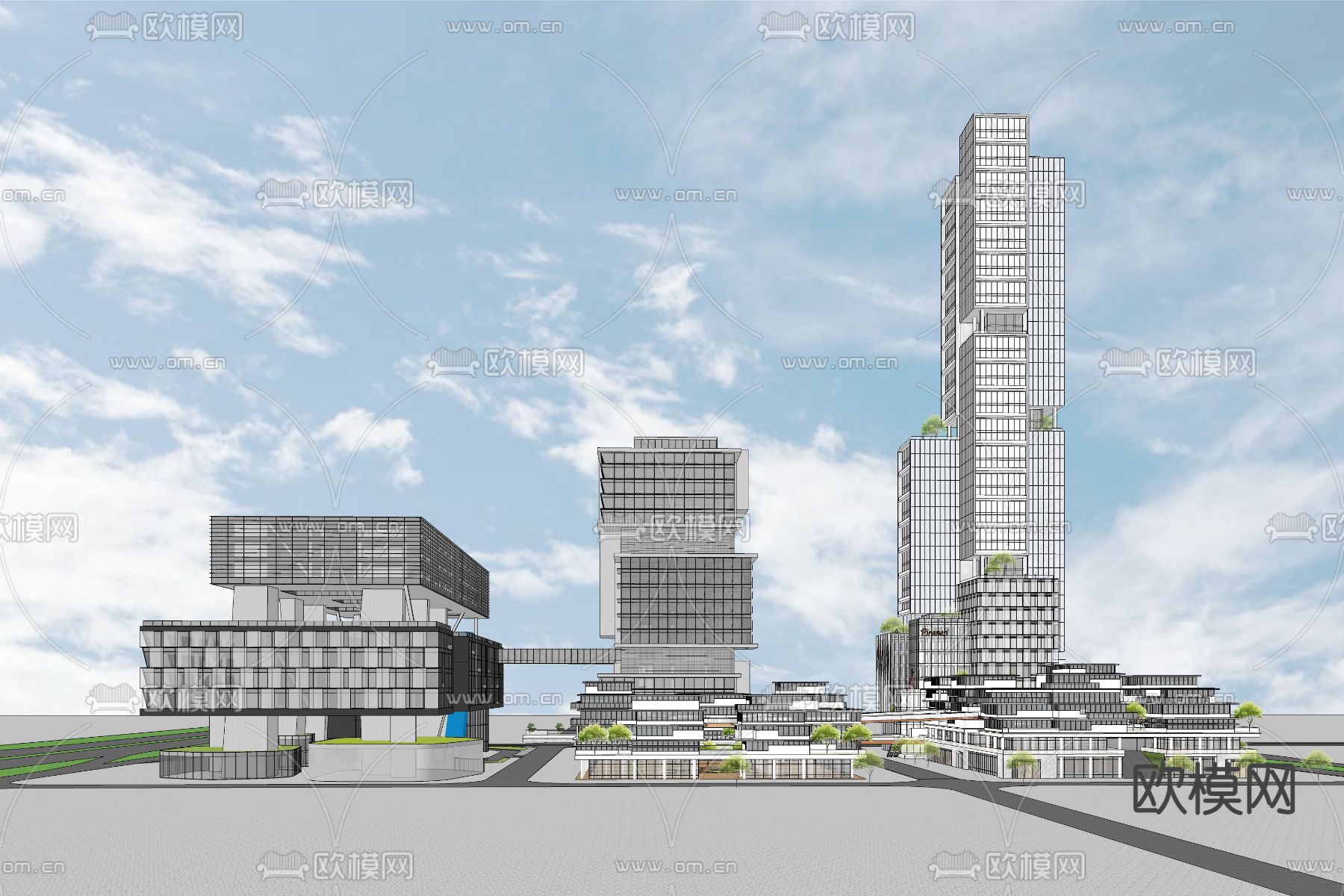 现代高层办公楼建筑外观鸟瞰su模型
