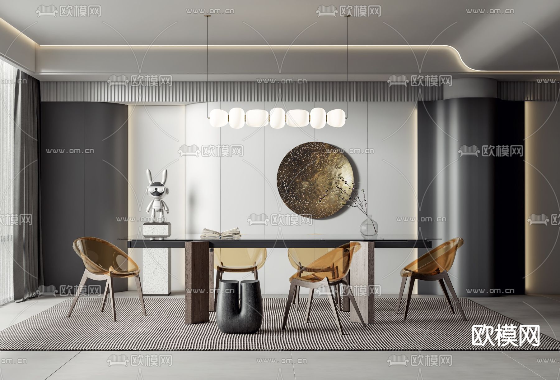 现代长条形餐桌椅su模型下载（渲染图1）