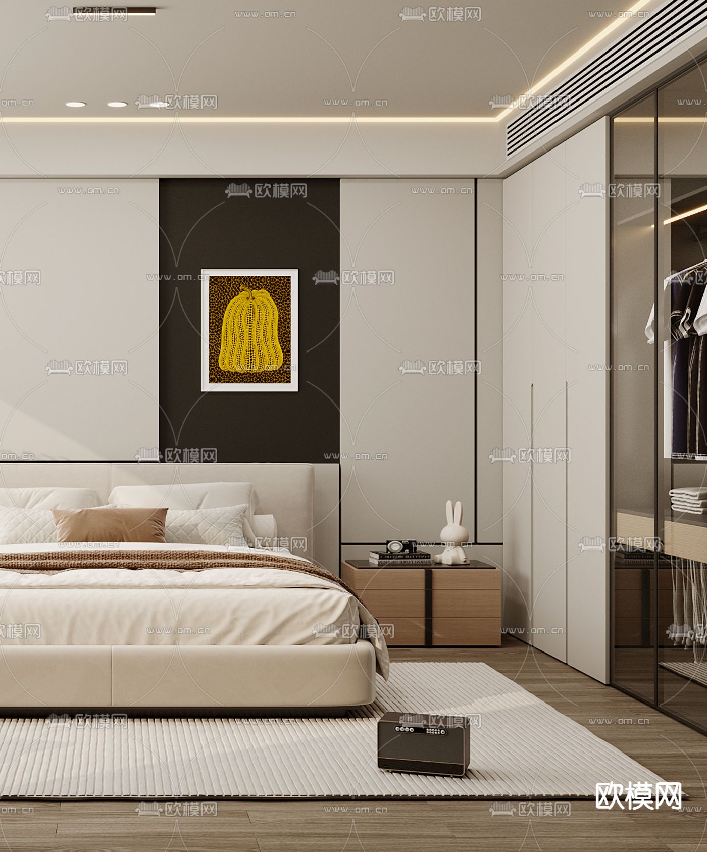 现代奶油风卧室3d模型下载（渲染图3）