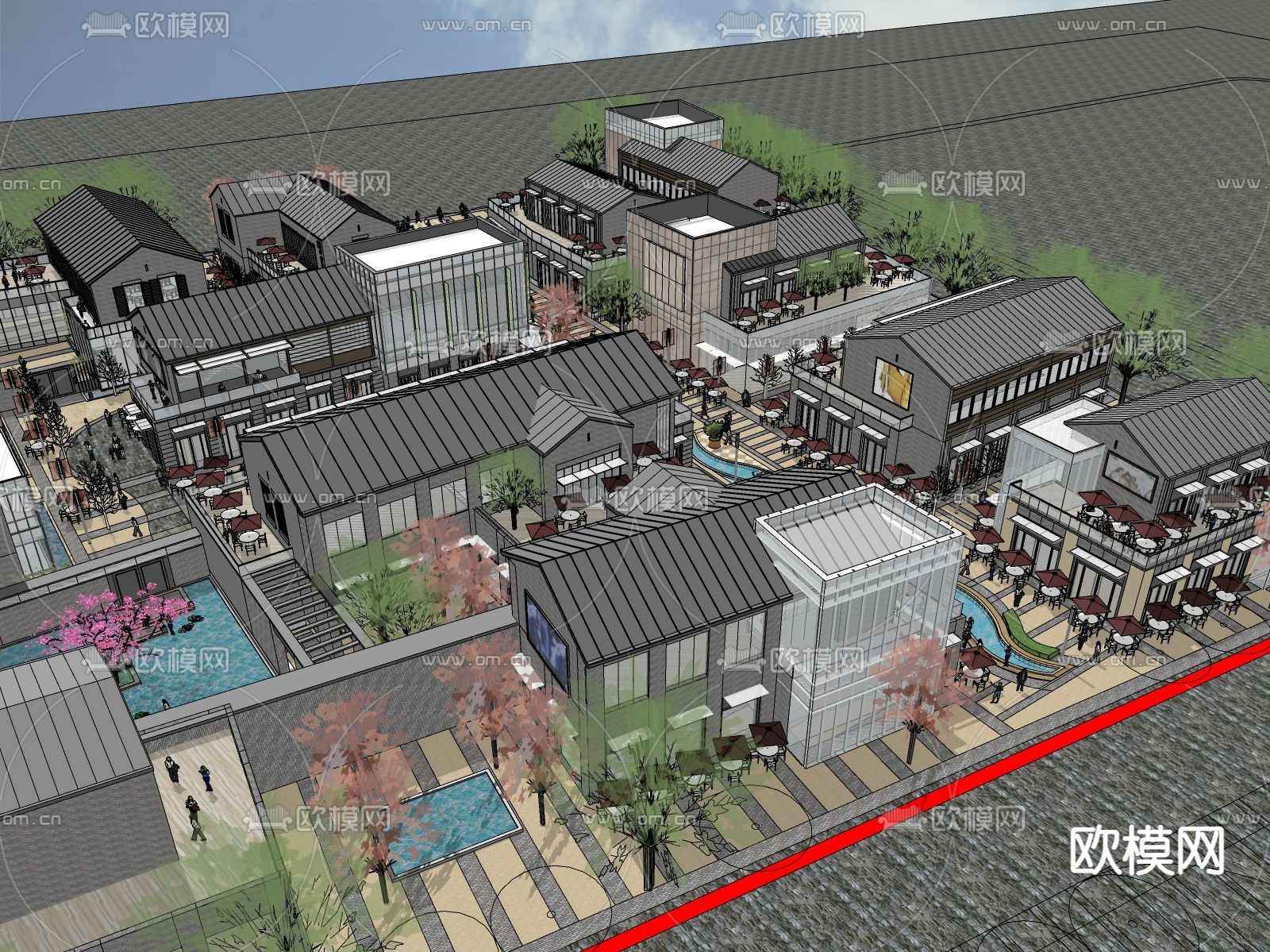 新中式商业街步行街su模型下载_ID12099417_sketchup模型下载-欧模网