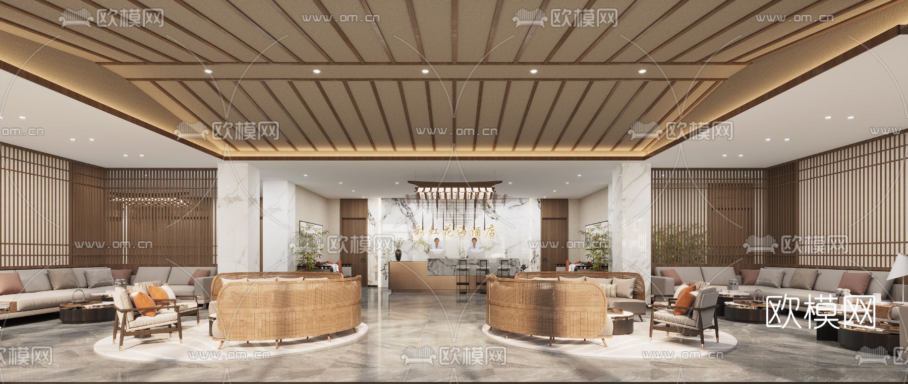 新中式轻奢酒店大堂3d模型下载（渲染图1）