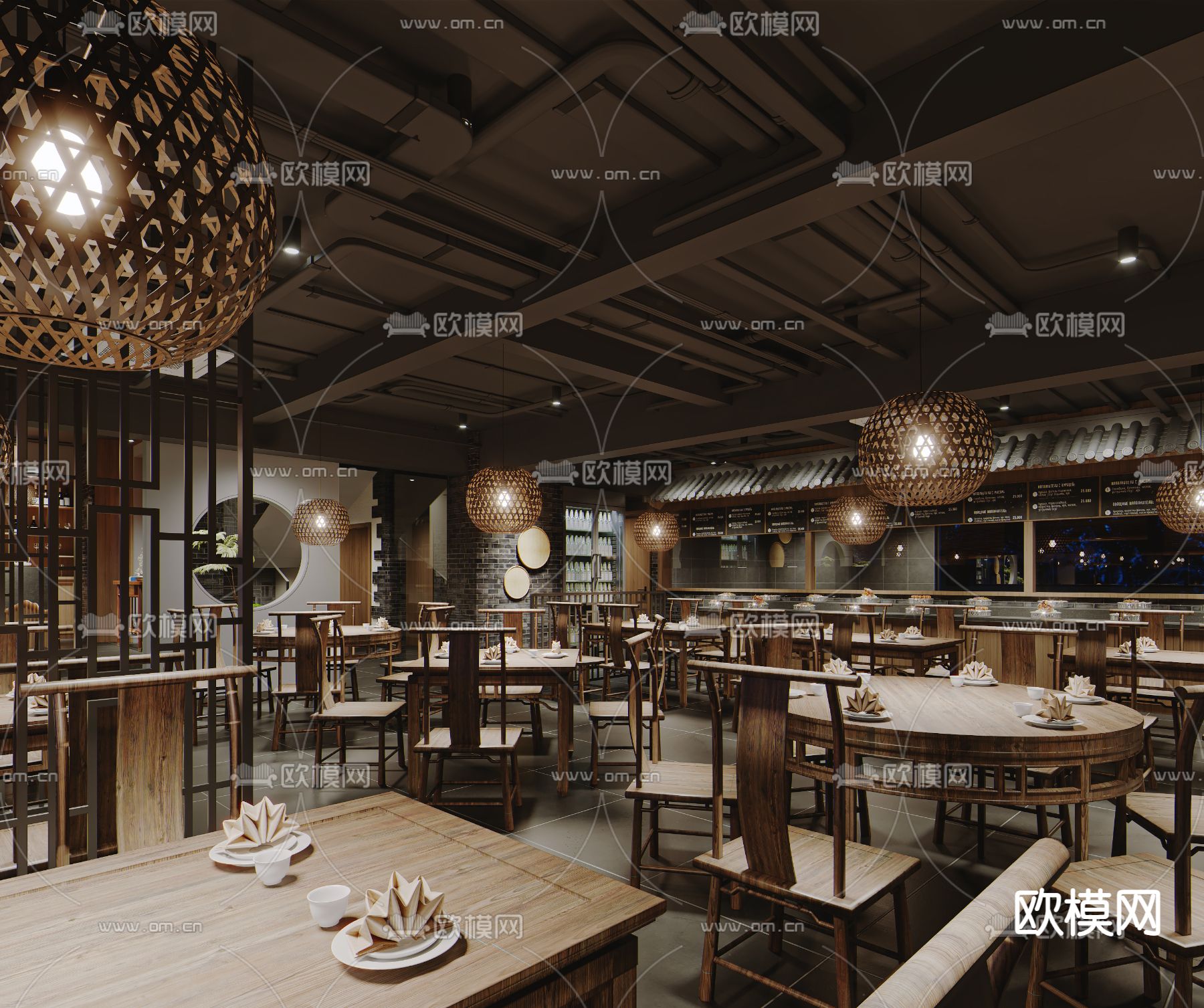 新中式中餐厅su模型下载（渲染图1）