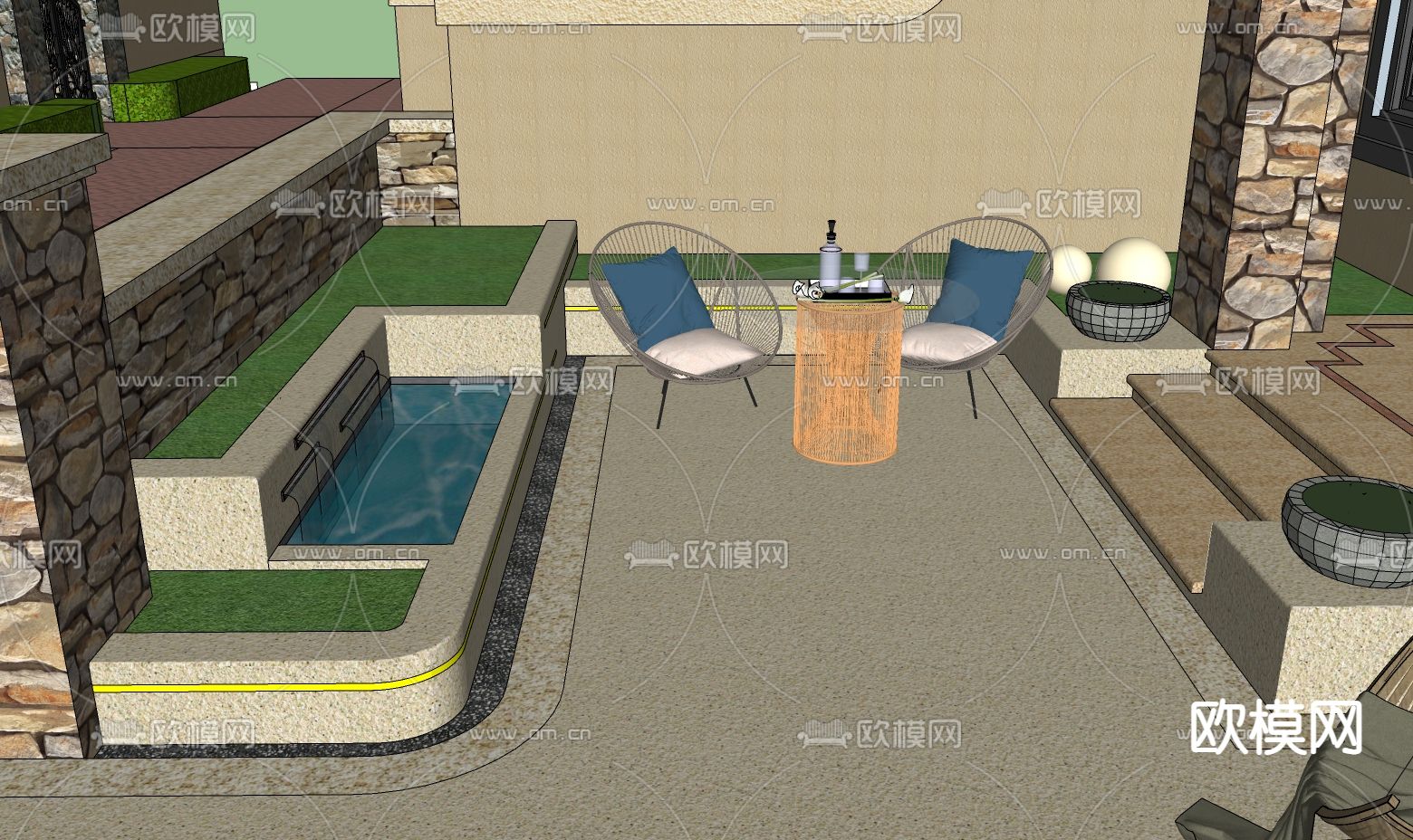 简欧别墅庭院景观su模型下载（渲染图3）