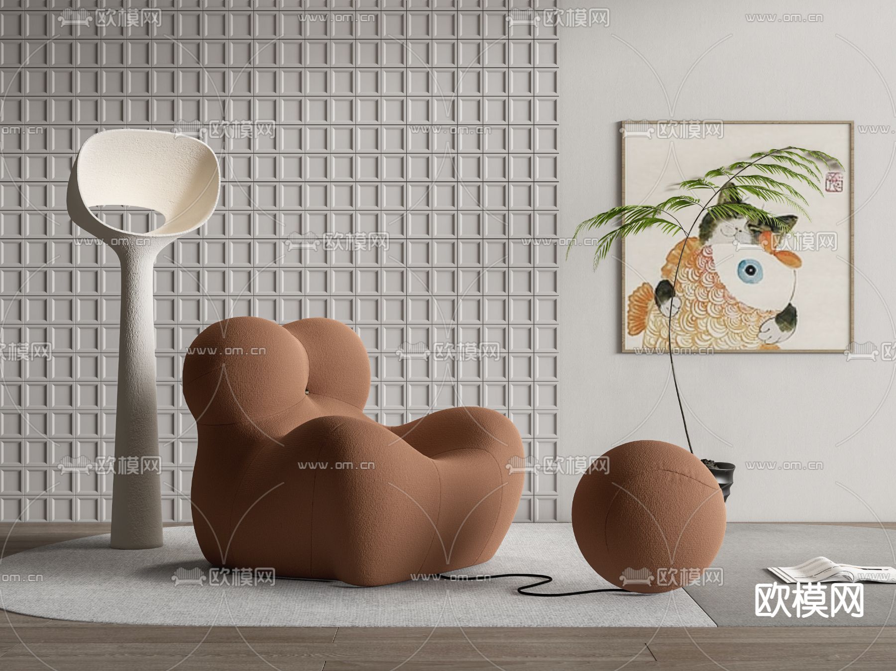 现代棕色休闲沙发su模型下载（渲染图1）