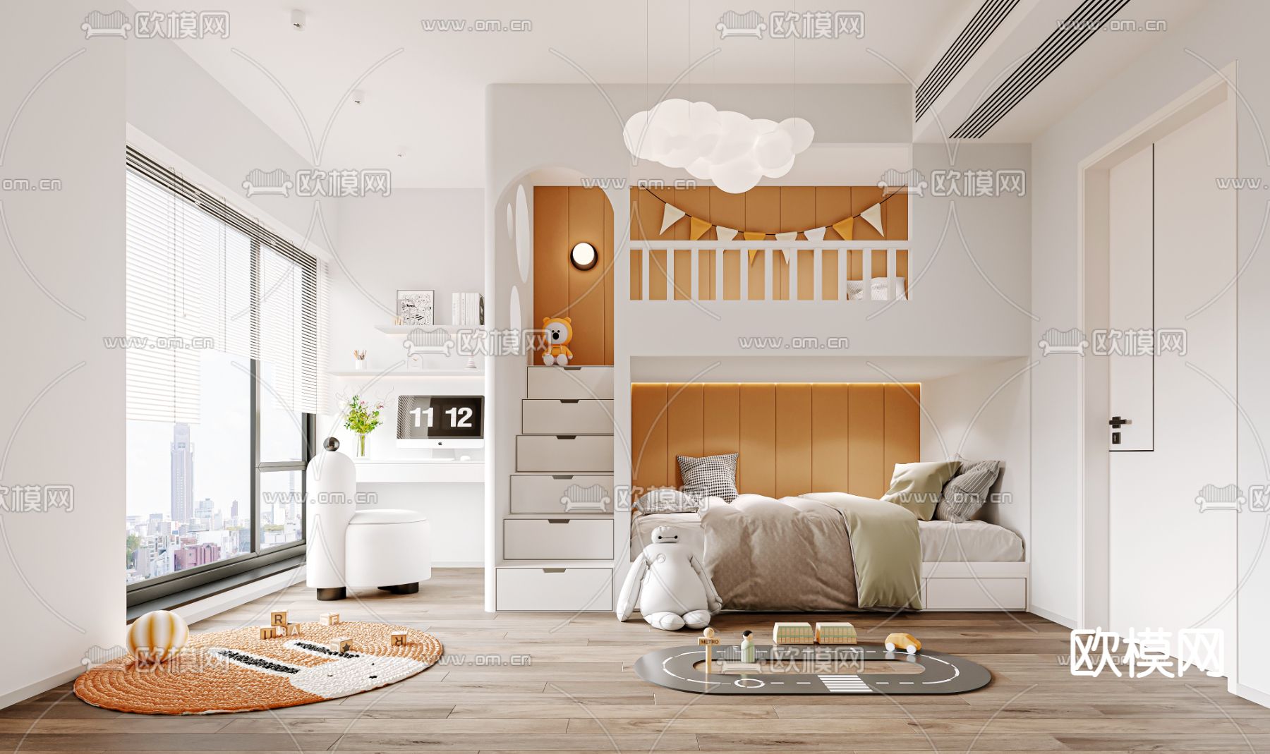 现代上下床儿童房3d模型下载