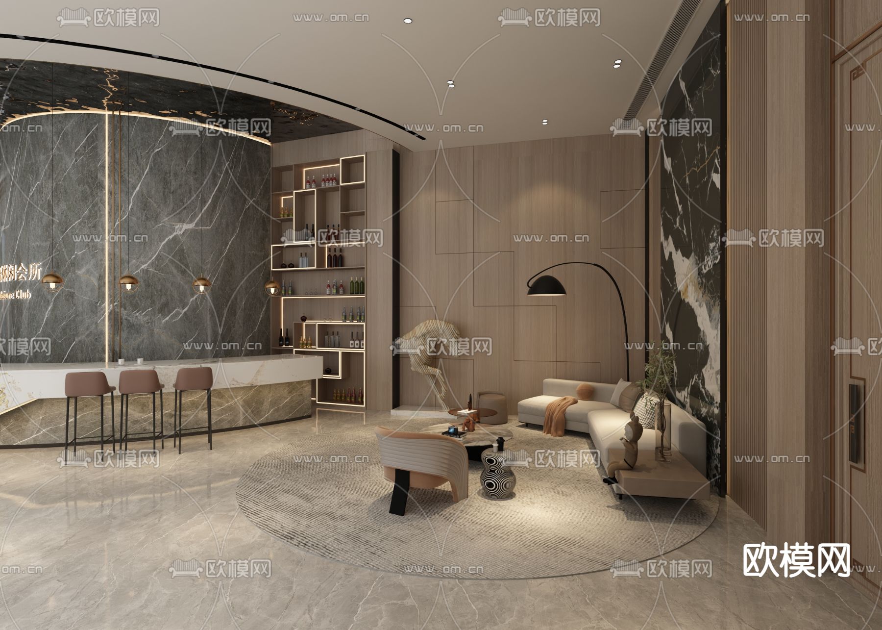 现代轻奢酒店大堂3D模型下载（渲染图2）