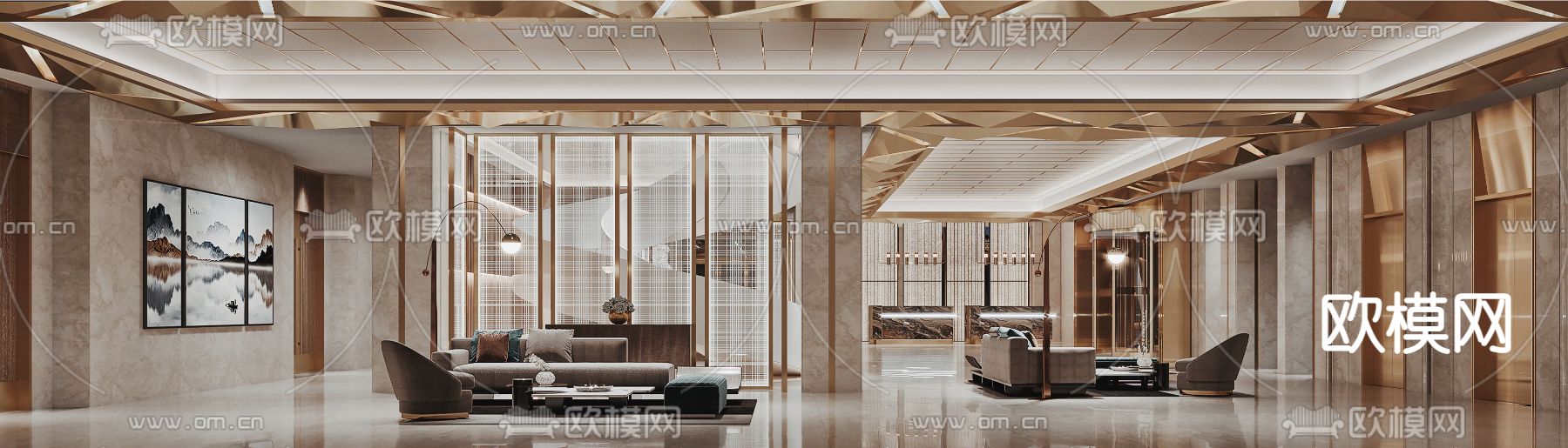 现代轻奢酒店大堂3D模型下载