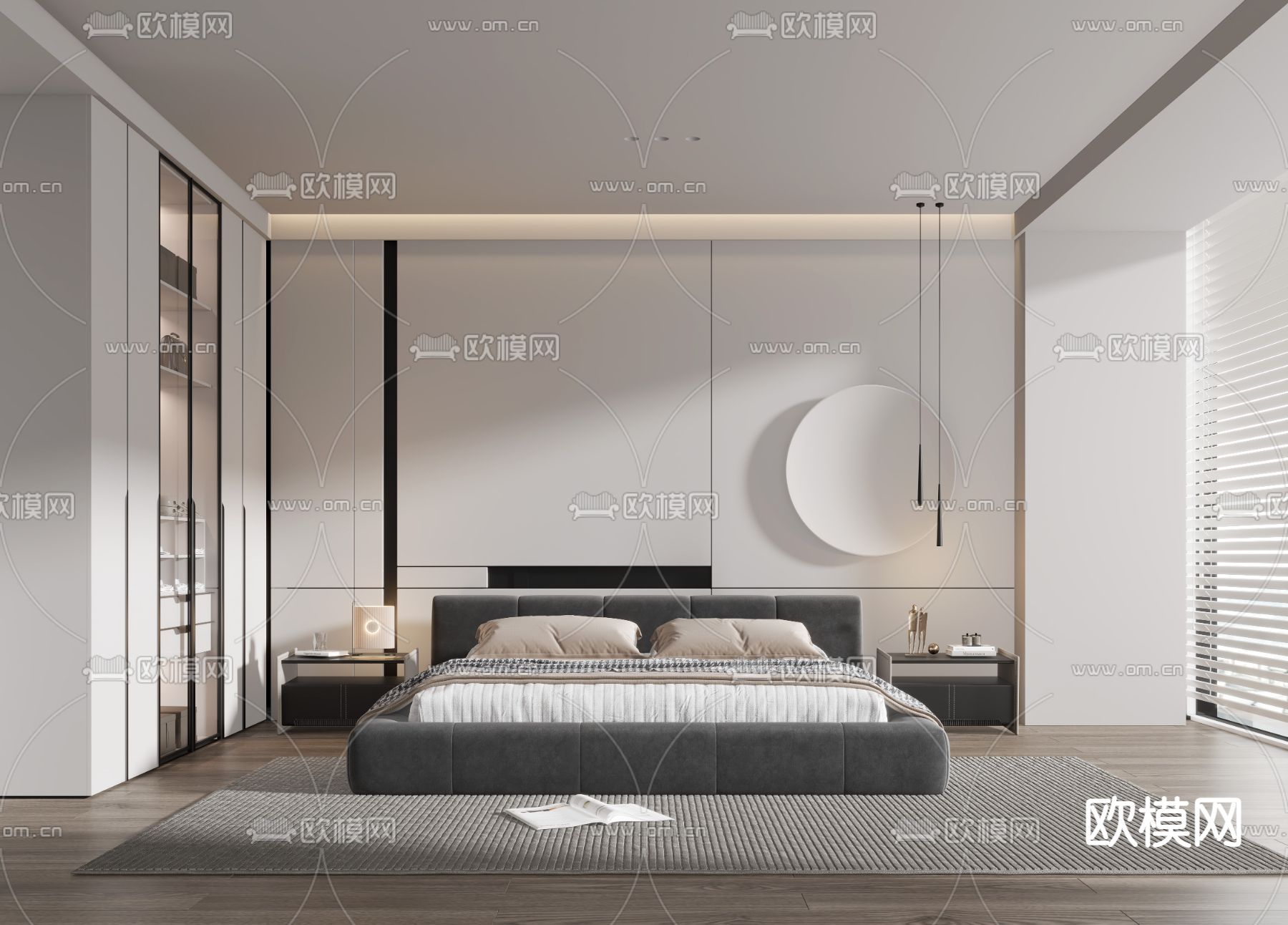 现代黑白灰卧室3d模型下载_ID12100934_3dmax免费模型-欧模网