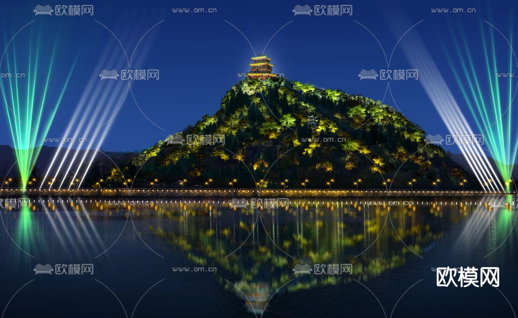 现代海边森林古建外观夜景psd下载