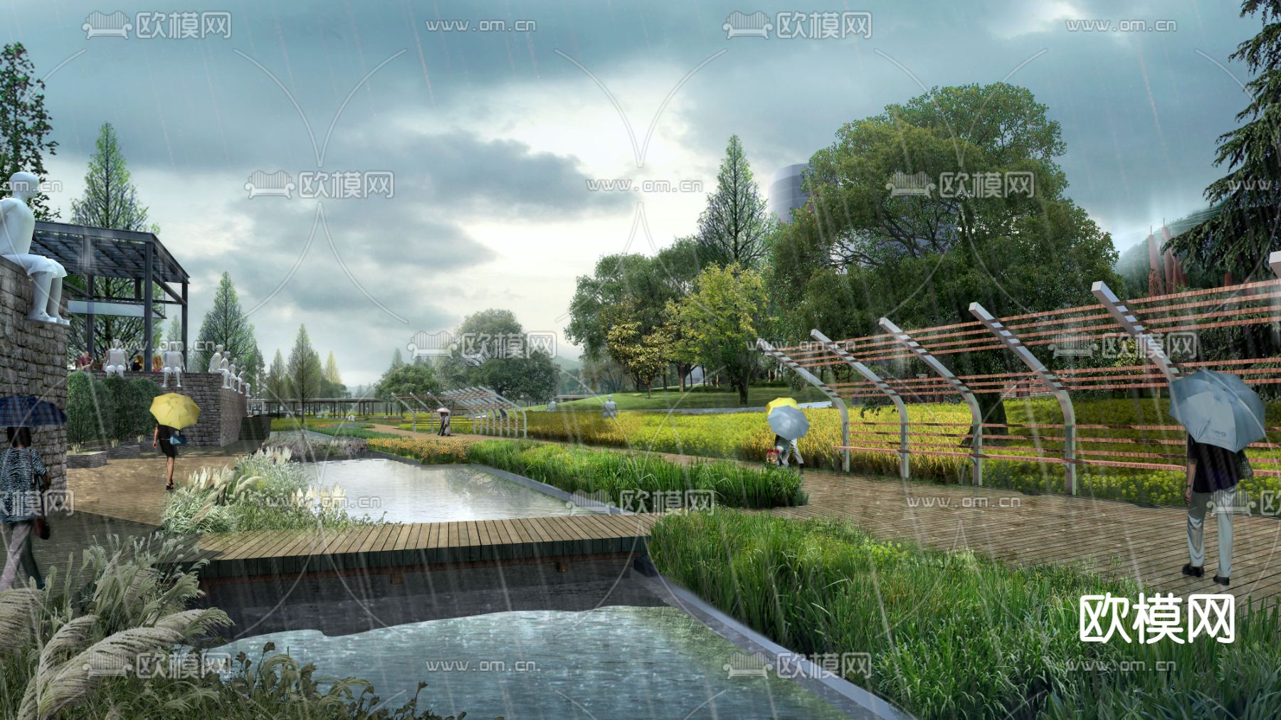 现代廊桥雨天湿地园林psd下载