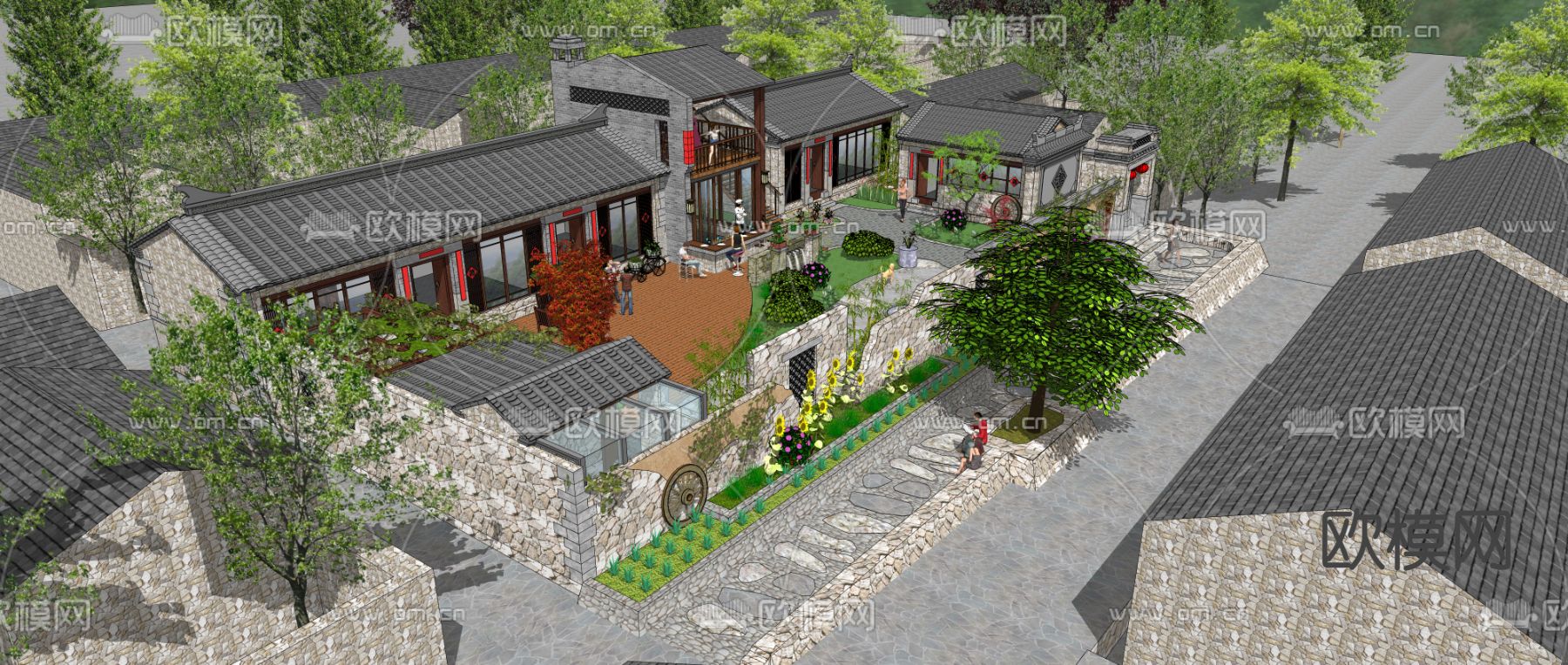 中式民宿建筑鸟瞰su模型下载（渲染图2）