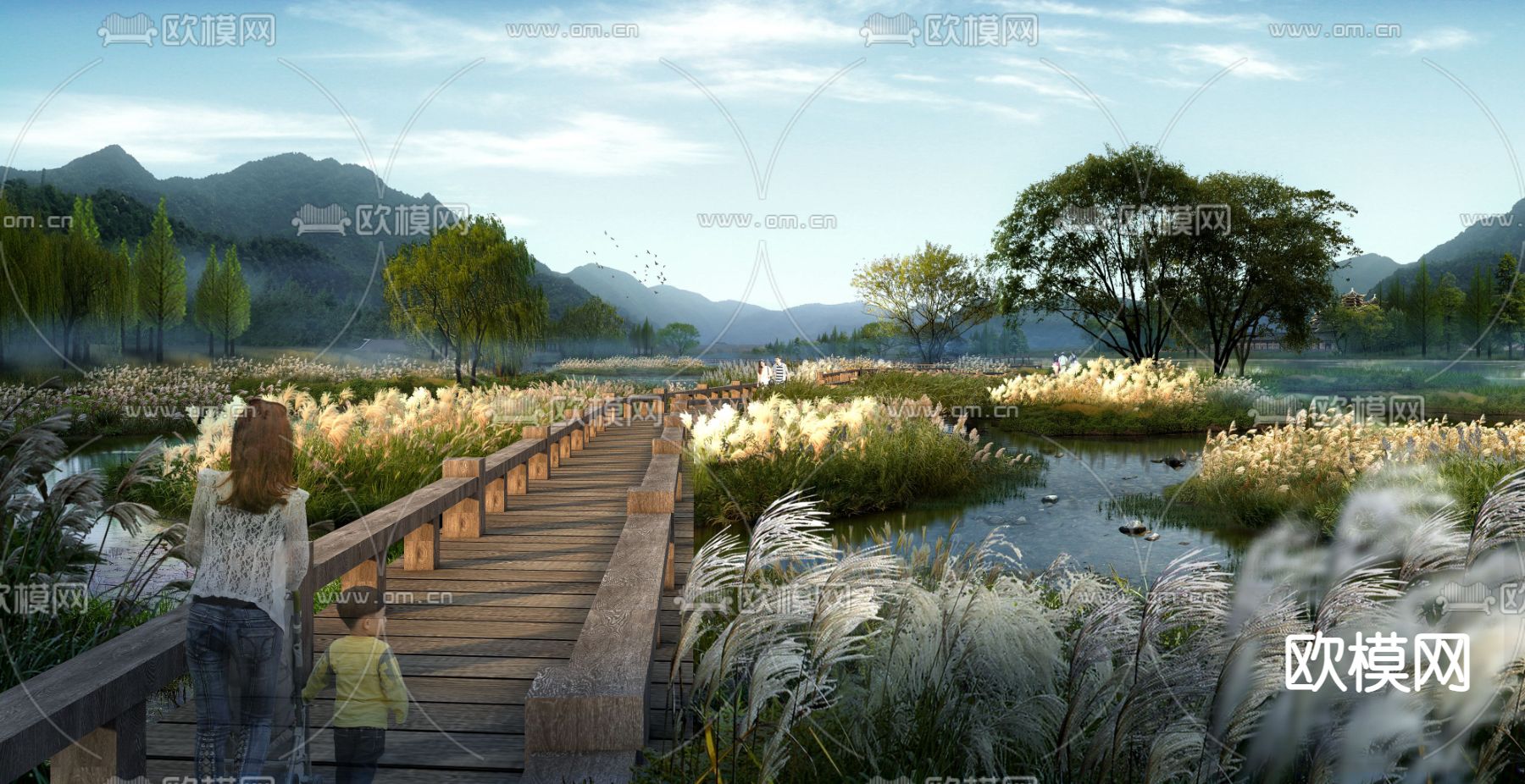 现代湿地廊桥芦苇园林psd下载