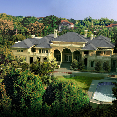 森林独栋别墅外观鸟瞰psd