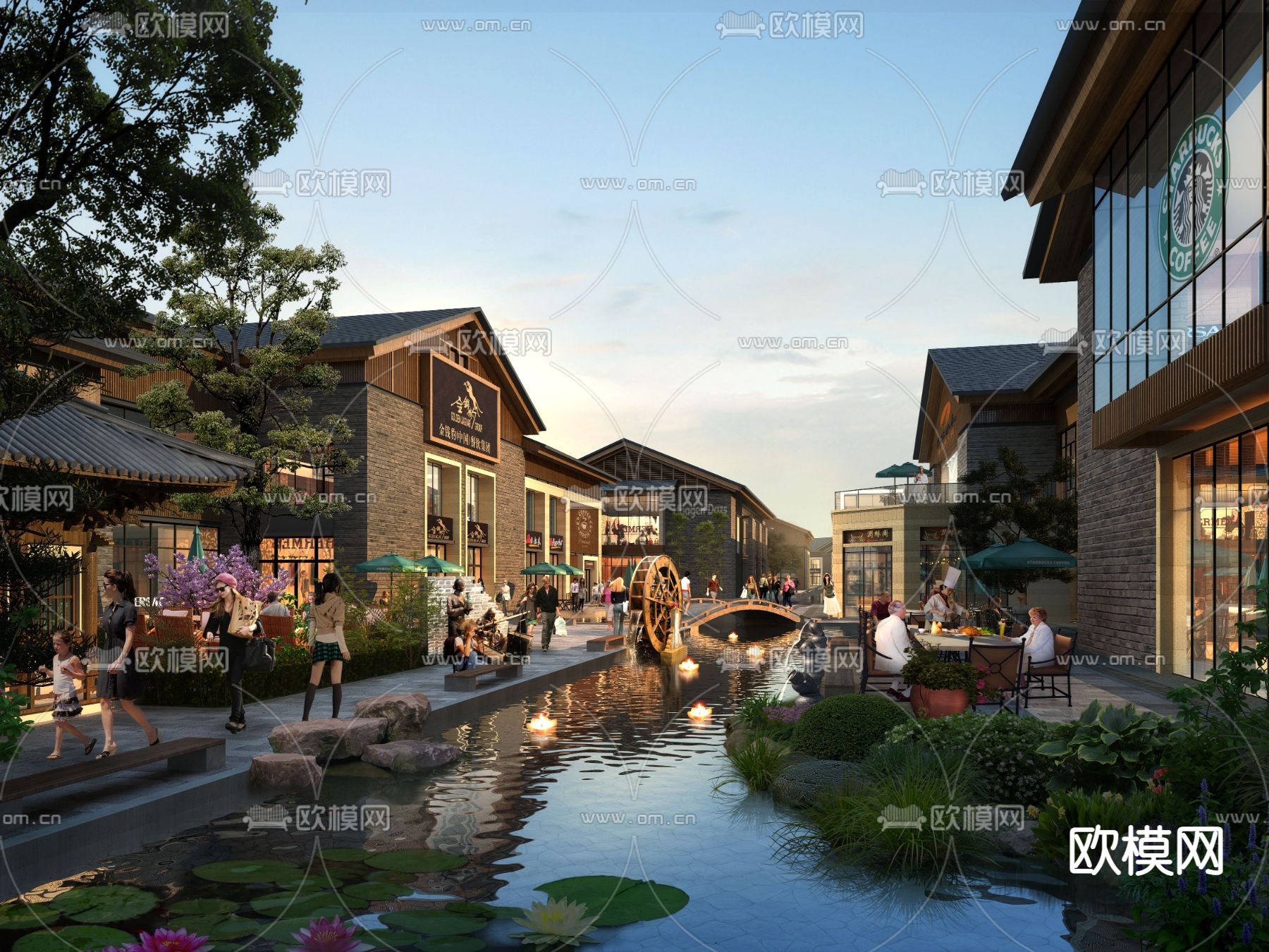 新中式河道廊桥商业街psd下载