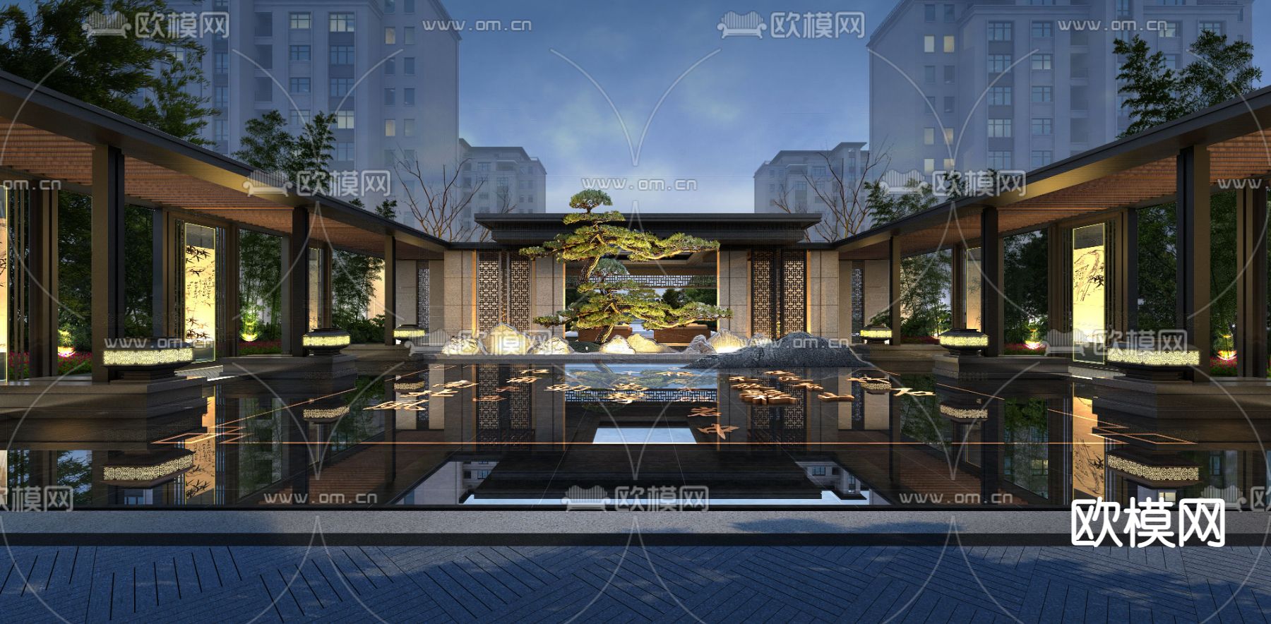 新中式庭院假石绿植小品psd下载