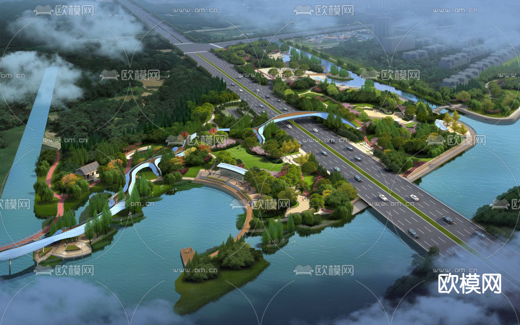 现代海边公路廊桥园林鸟瞰psd下载