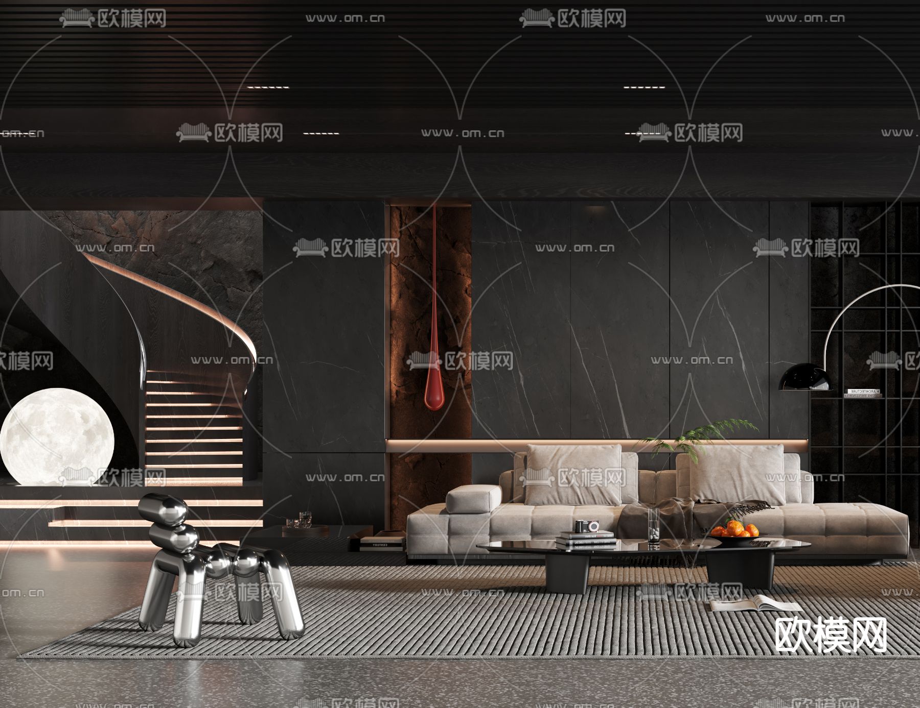 现代高级灰客厅3d模型下载（渲染图2）