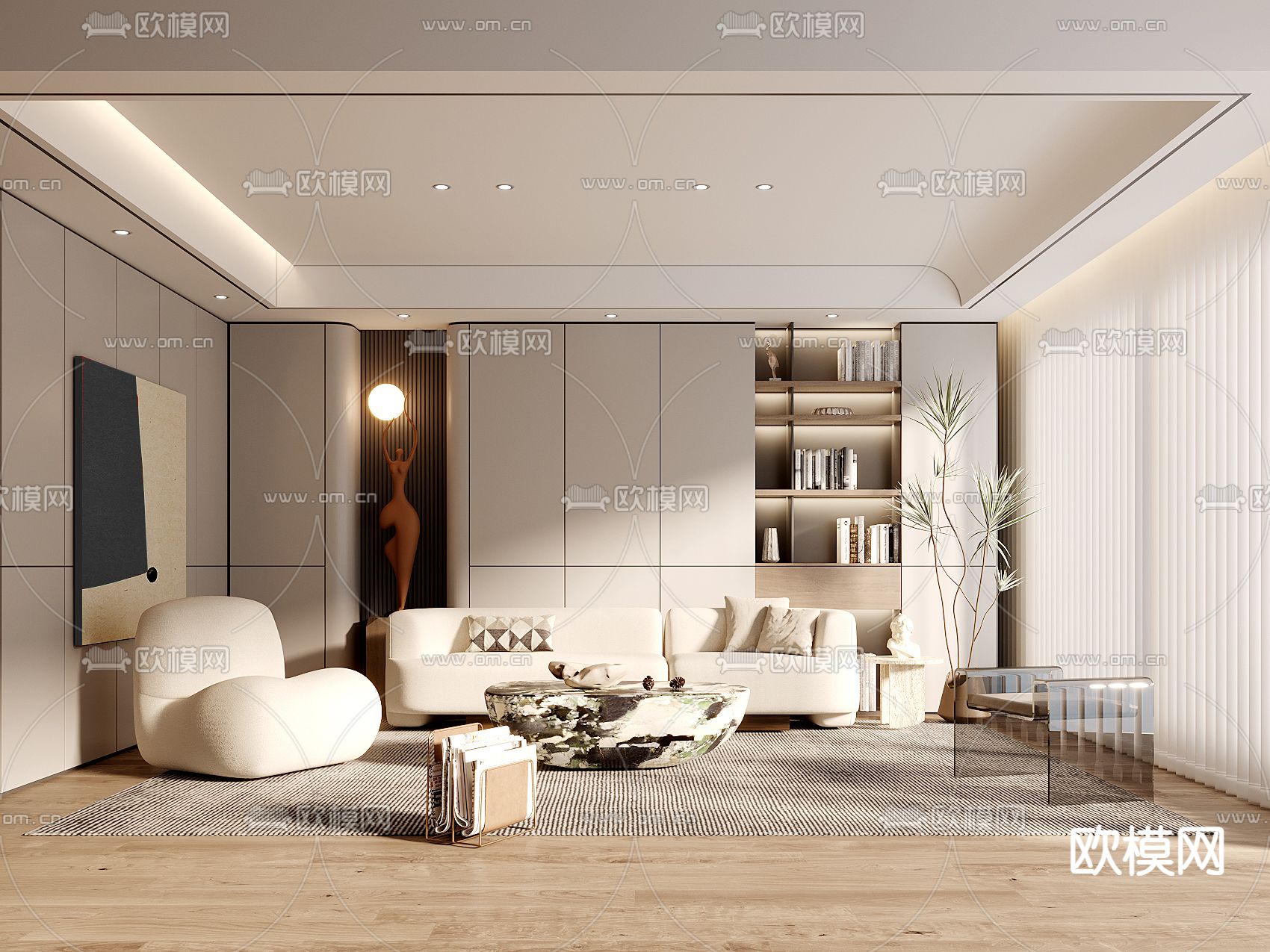 侘寂奶油风客厅3d模型下载