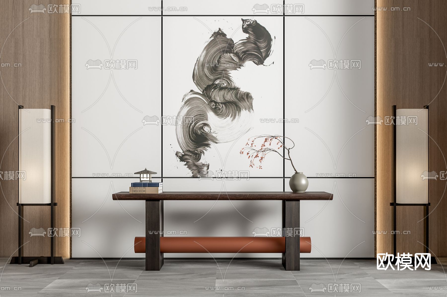 新中式端景条案su模型