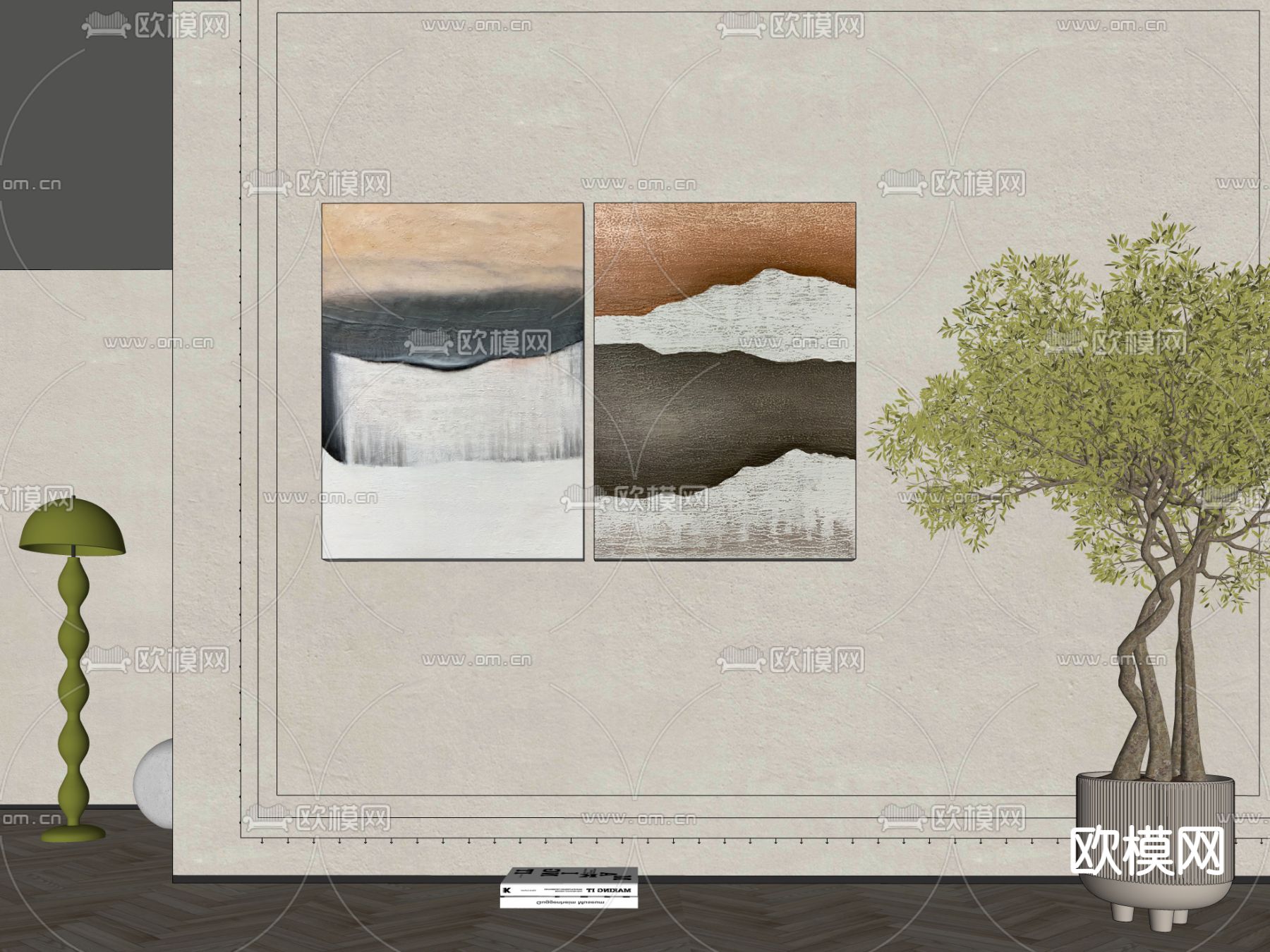 侘寂风抽象装饰画su模型下载（渲染图2）