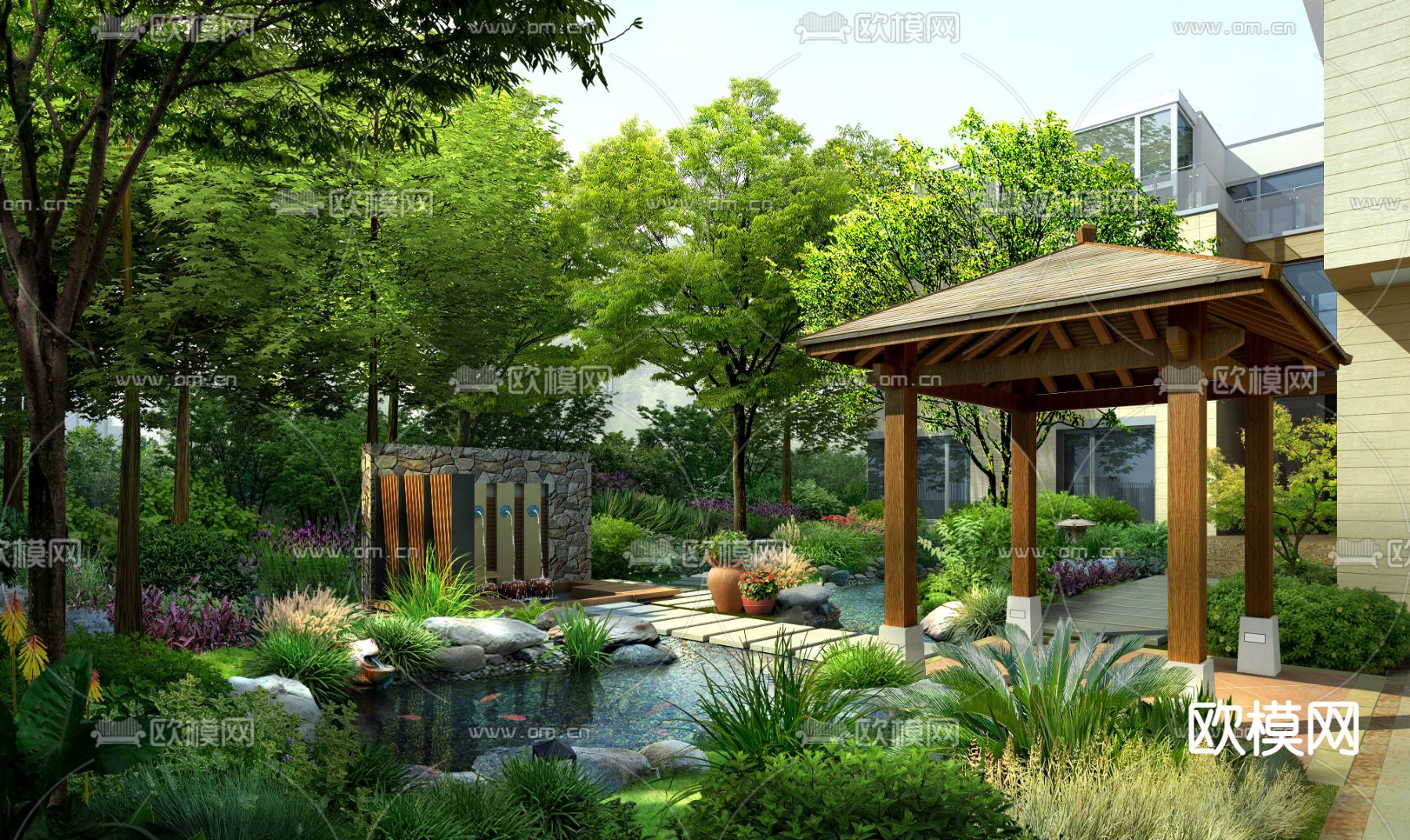 现代庭院花园绿植养鱼池psd下载