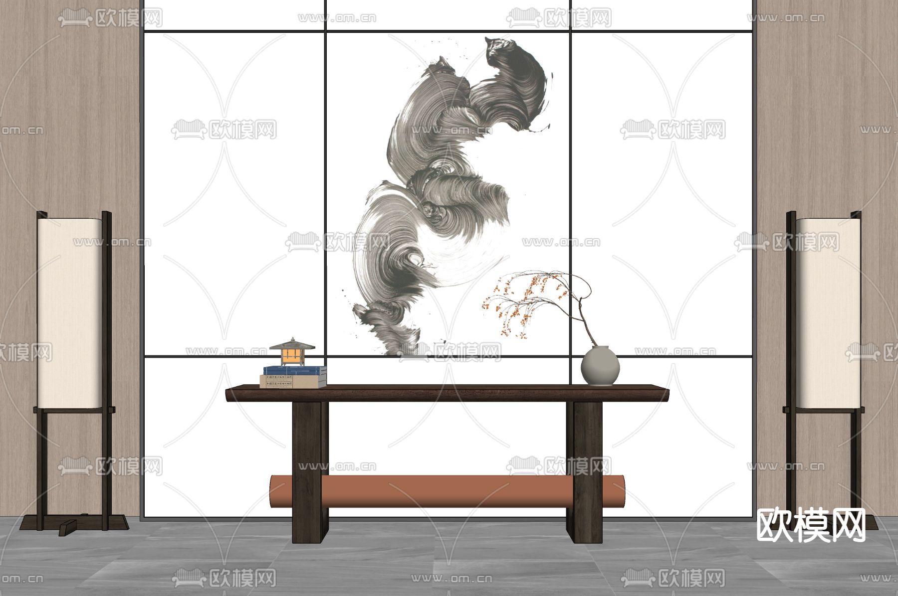 新中式端景条案su模型