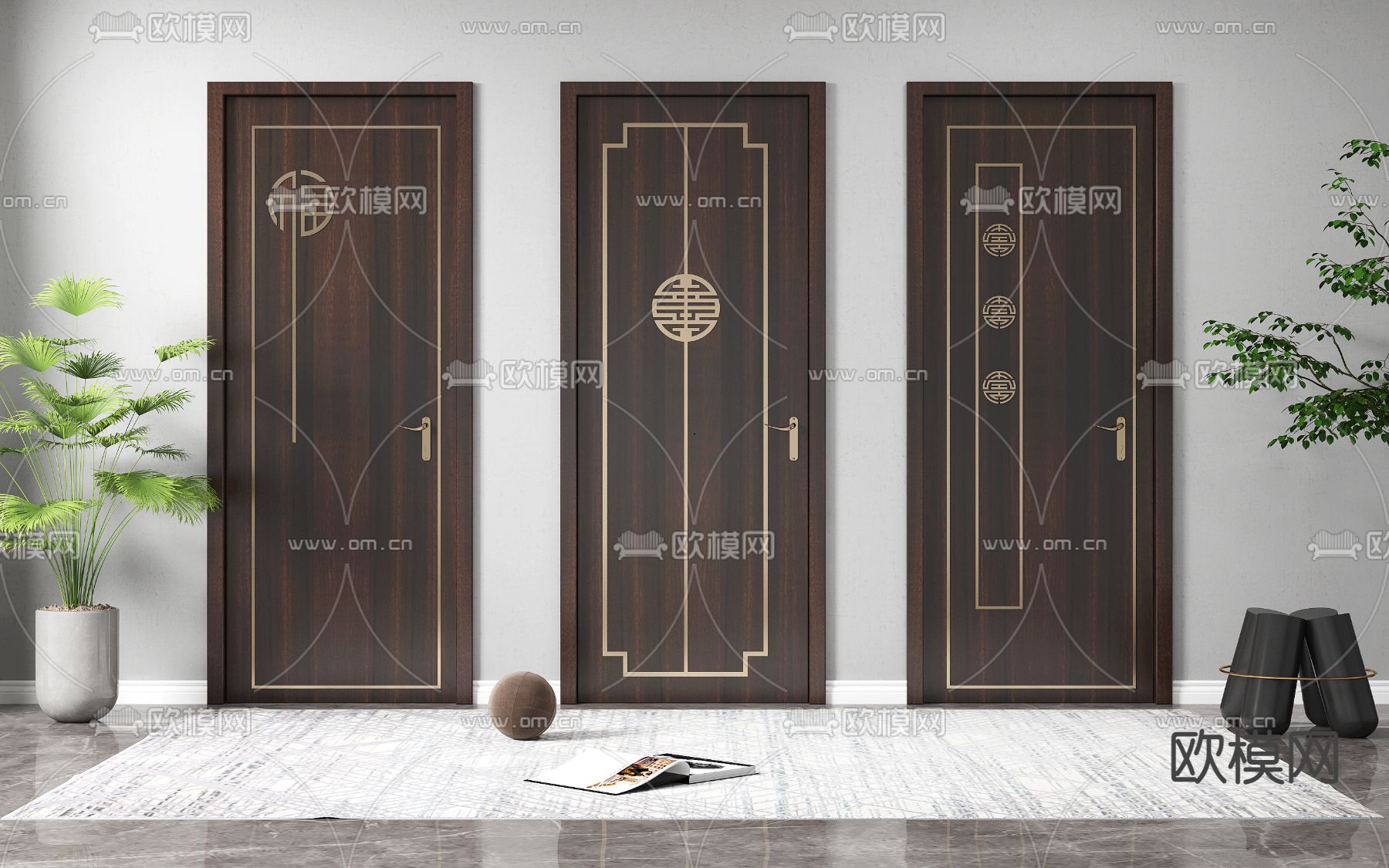 新中式单开门房门3d模型下载