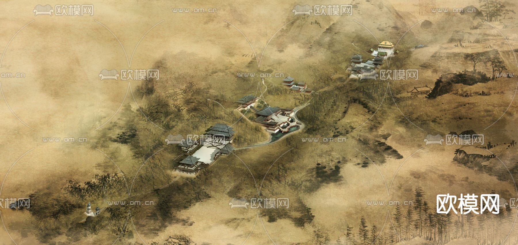 新中式四合院古建外观鸟瞰psd下载