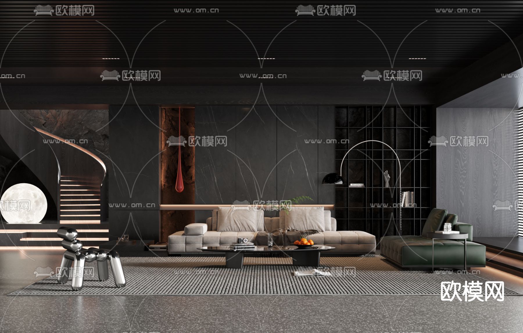 现代高级灰客厅3d模型下载（渲染图1）