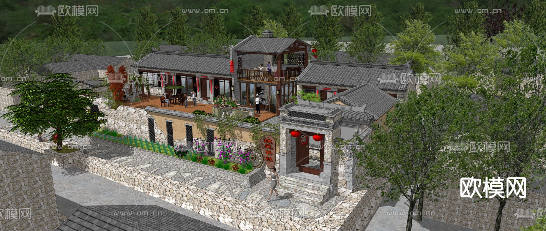 中式民宿建筑鸟瞰su模型下载（渲染图1）