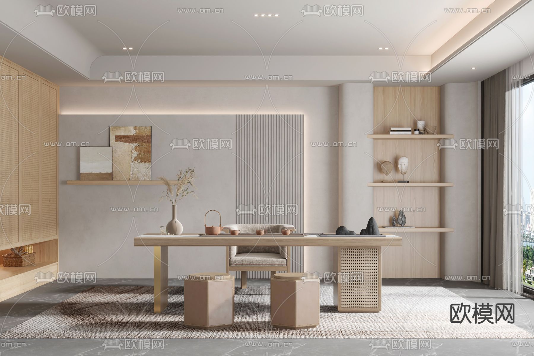 侘寂奶油风茶室3d模型下载_ID12099253_3dmax免费模型-欧模网