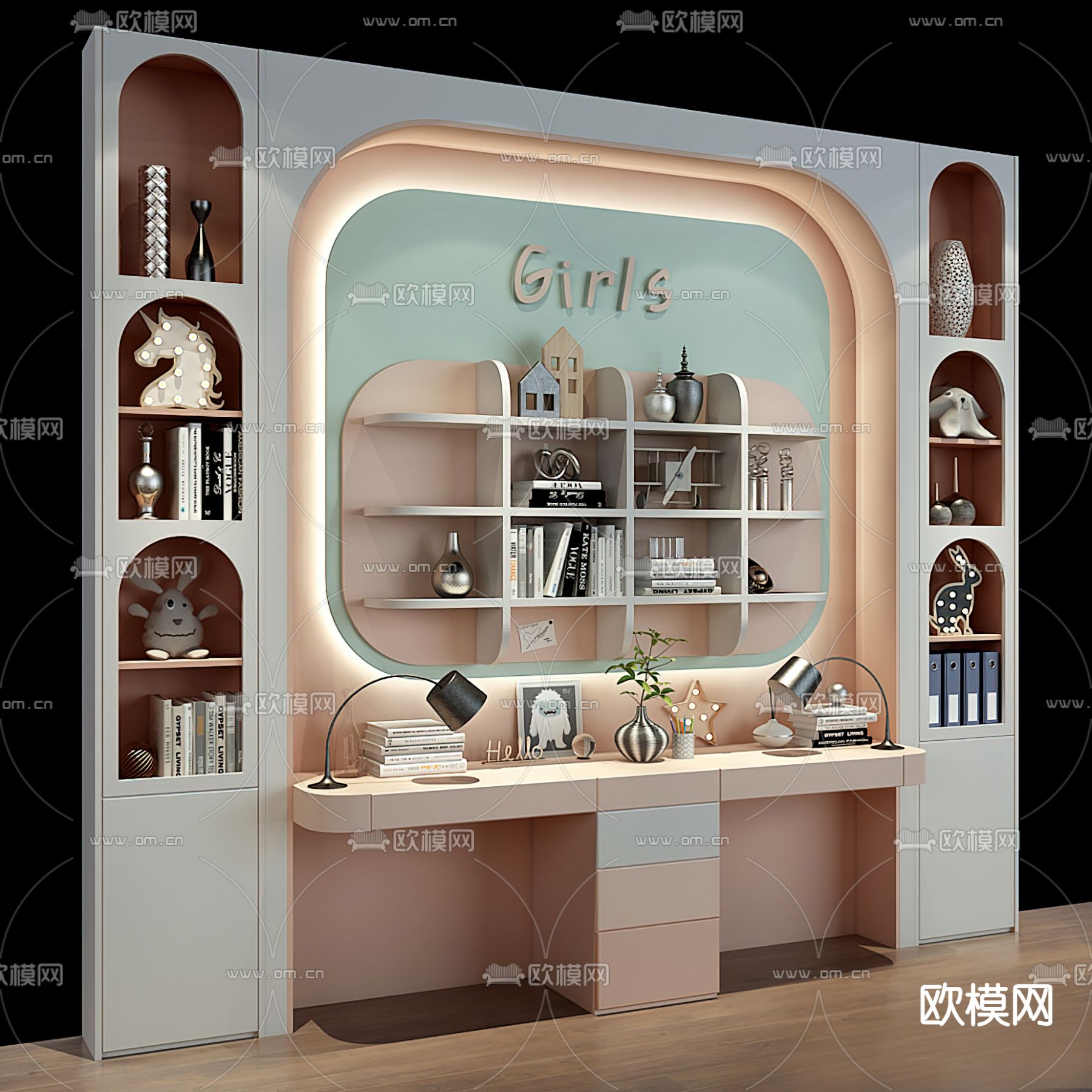 现代儿童书桌书柜组合3d模型