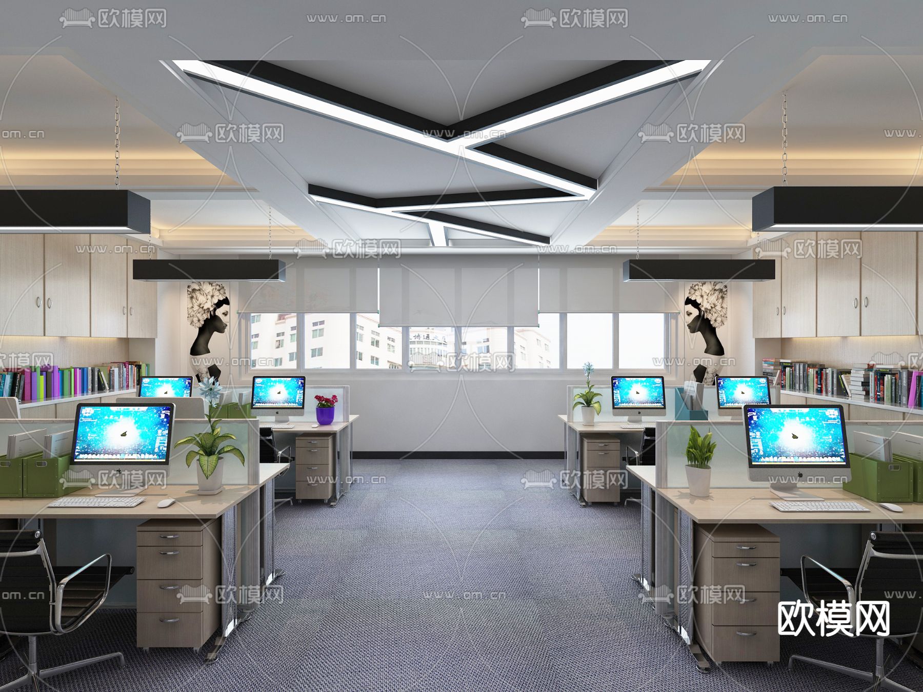现代开放综合办公区3d模型下载_ID12101957_3dmax免费模型-欧模网