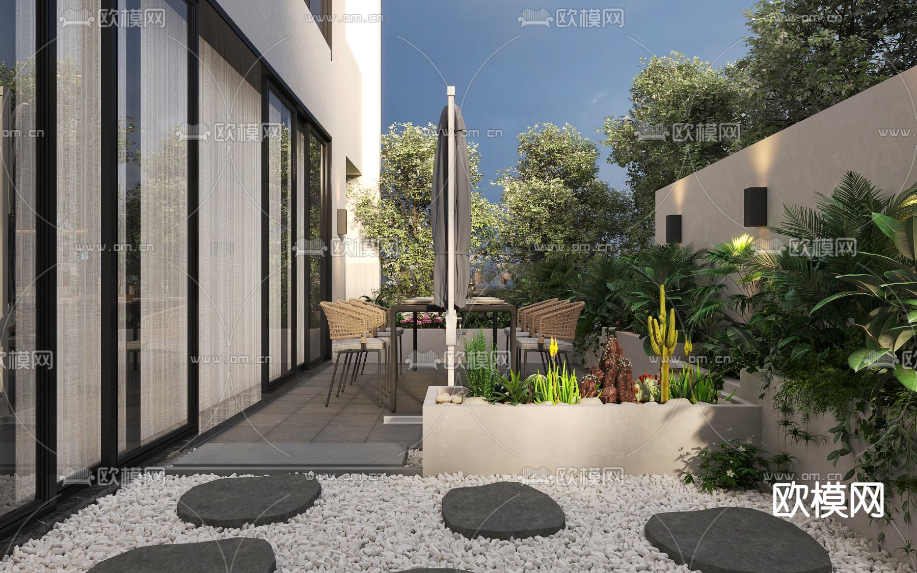 现代庭院阳台花园3d模型下载（渲染图1）